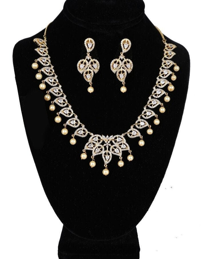 Gold-Plated American Diamond Necklace and Earrings Set with Ruby Accents and Pearls| CZ Diamond Topaz/Blue Sapphire Necklace| Gift for her