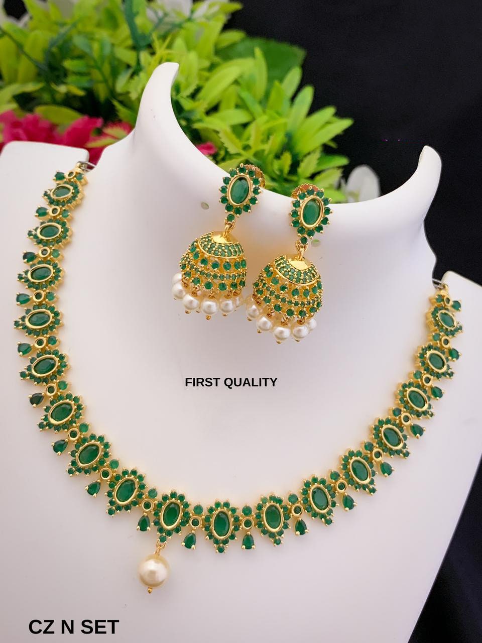 Cz American diamond ruby and green stone gold necklace with pearl drop earrings | necklace with single pearl drop | Jhumka Earrings