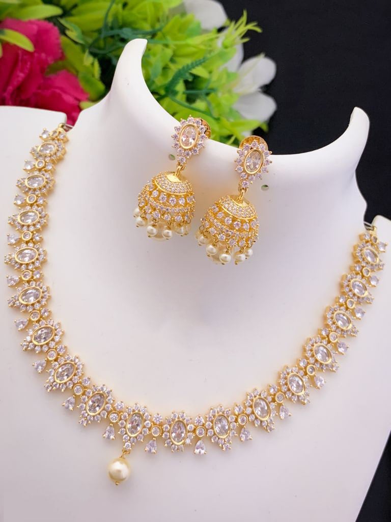 Cz American diamond ruby and green stone gold necklace with pearl drop earrings | necklace with single pearl drop | Jhumka Earrings