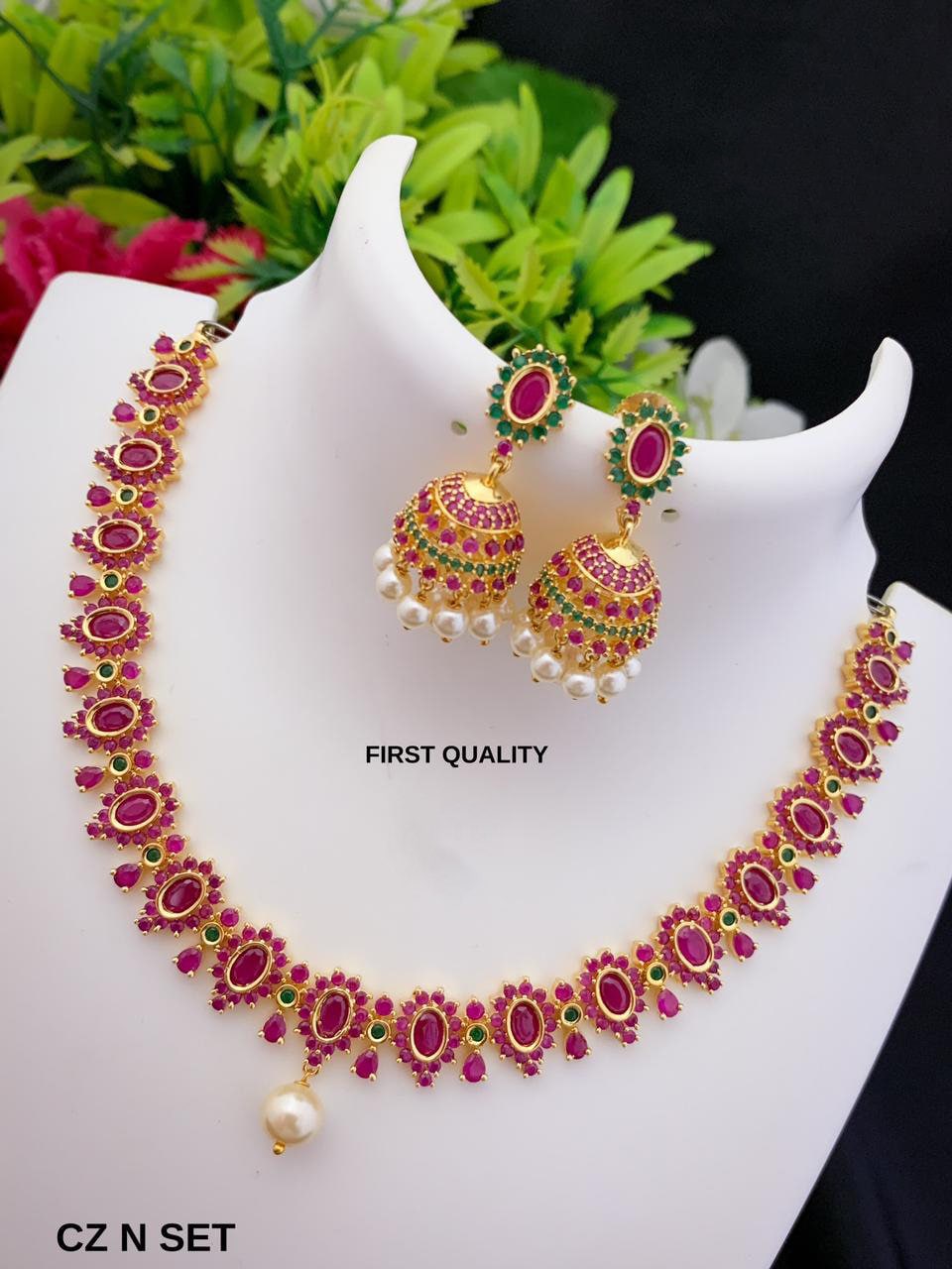 Cz American diamond ruby and green stone gold necklace with pearl drop earrings | necklace with single pearl drop | Jhumka Earrings