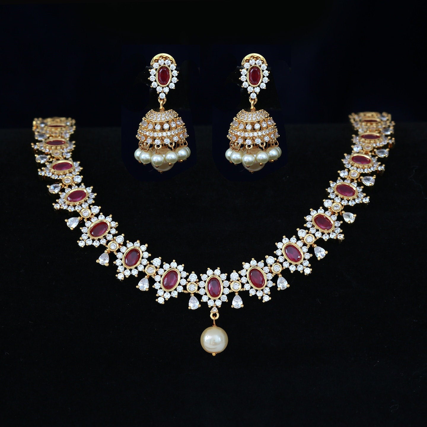 Cz American diamond ruby and green stone gold necklace with pearl drop earrings | necklace with single pearl drop | Jhumka Earrings