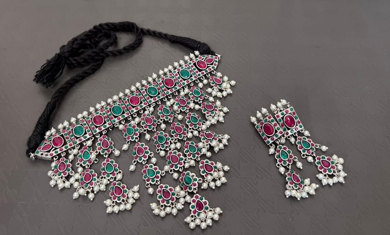 Designer Oxideized German Silver Choker neckkace and Earrings | Indian Wedding jewelry Ruby, Emerald, Mint green and Pink stone Oxidized Sil