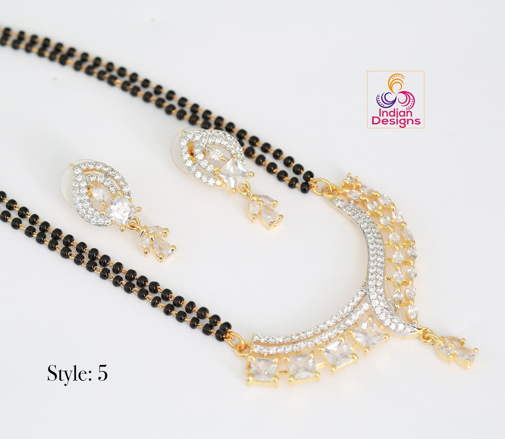 CZ Gold Plated MangalSutra with black bead chain |Indian Fashion Jewelry |Daily wear American Diamond MangalSutra set |Perfect Gift for wife