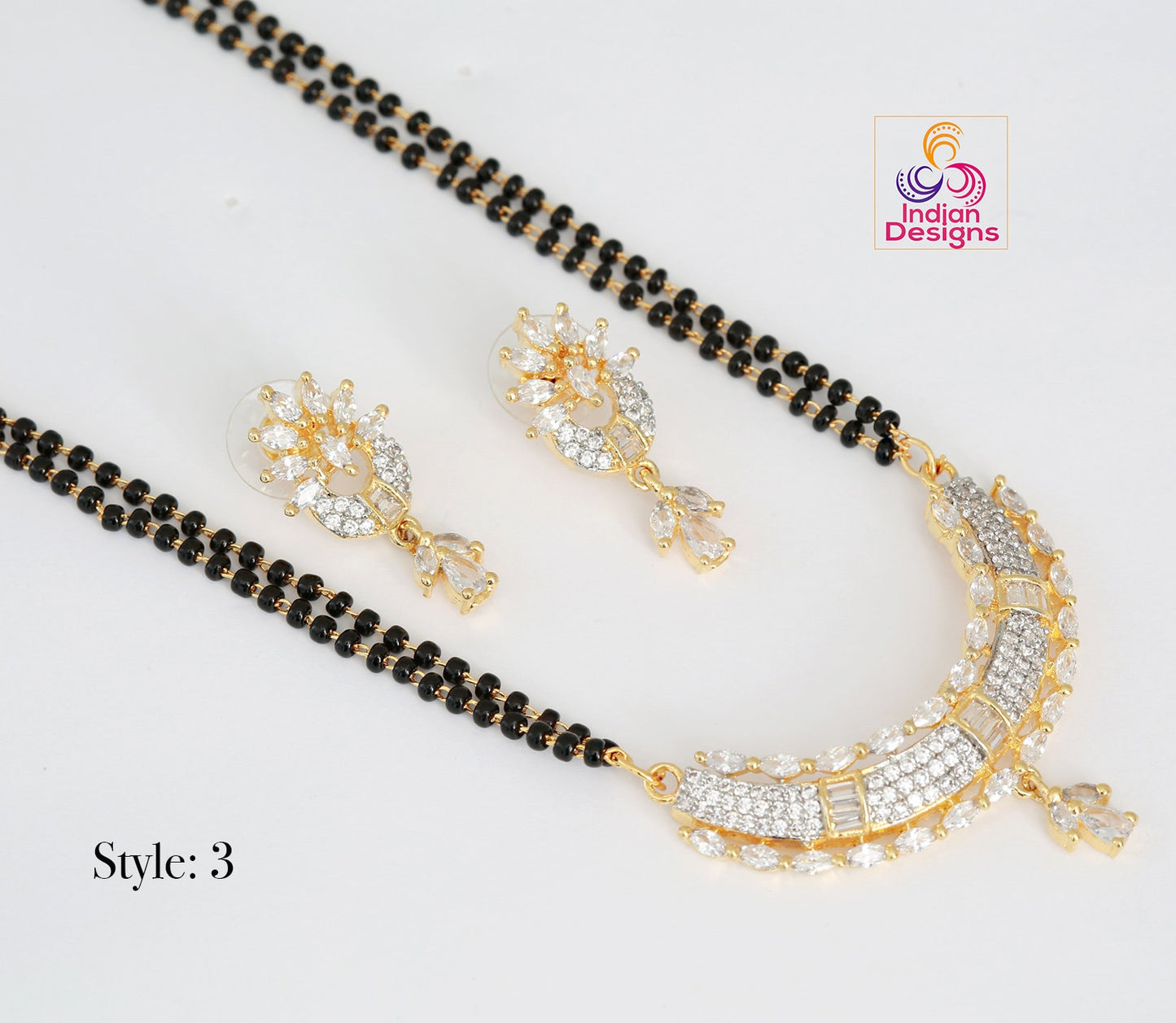 CZ Gold Plated MangalSutra with black bead chain |Indian Fashion Jewelry |Daily wear American Diamond MangalSutra set |Perfect Gift for wife