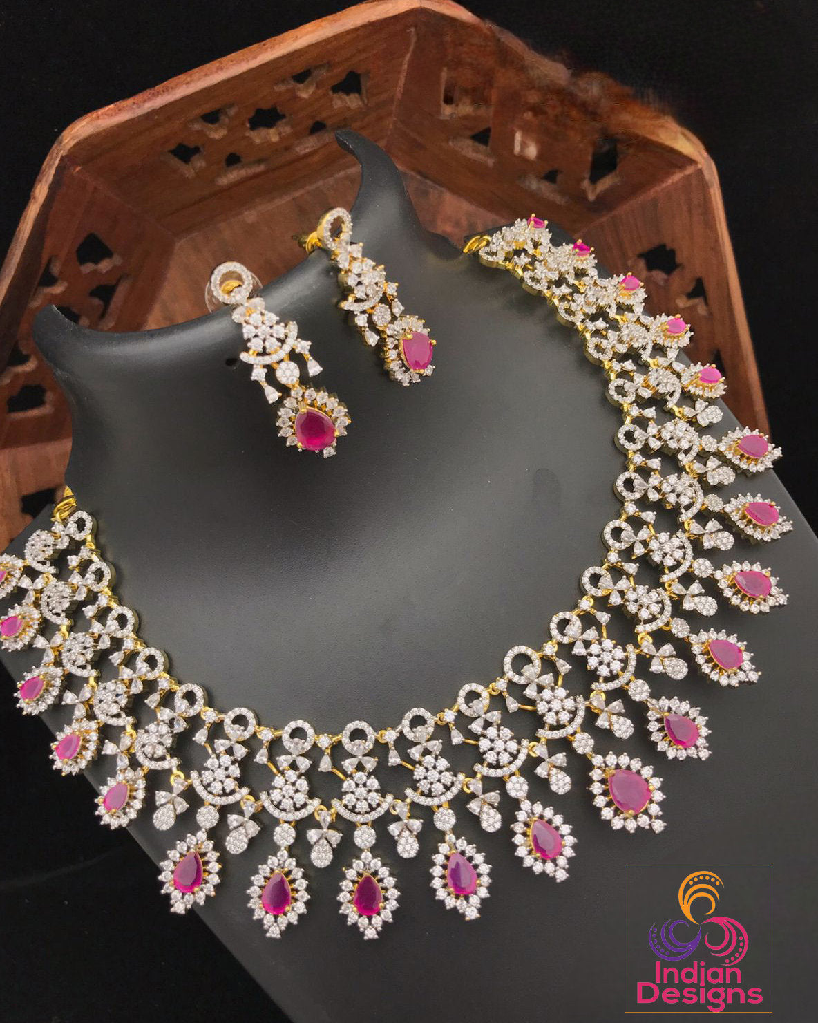 Exclusive American Diamond Indian Wedding Jewelry Gold Choker set|Bollywood style Bridal necklace sets|Pakistani wedding jewelry|Gift forher