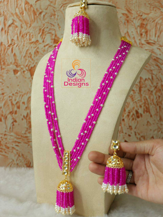 Pink Beads Long Jhumka Necklace |Multi stranded Rani Haar Indian Bollywood Necklace and jhumka Earrings |Wedding party Jewelry |gift for her