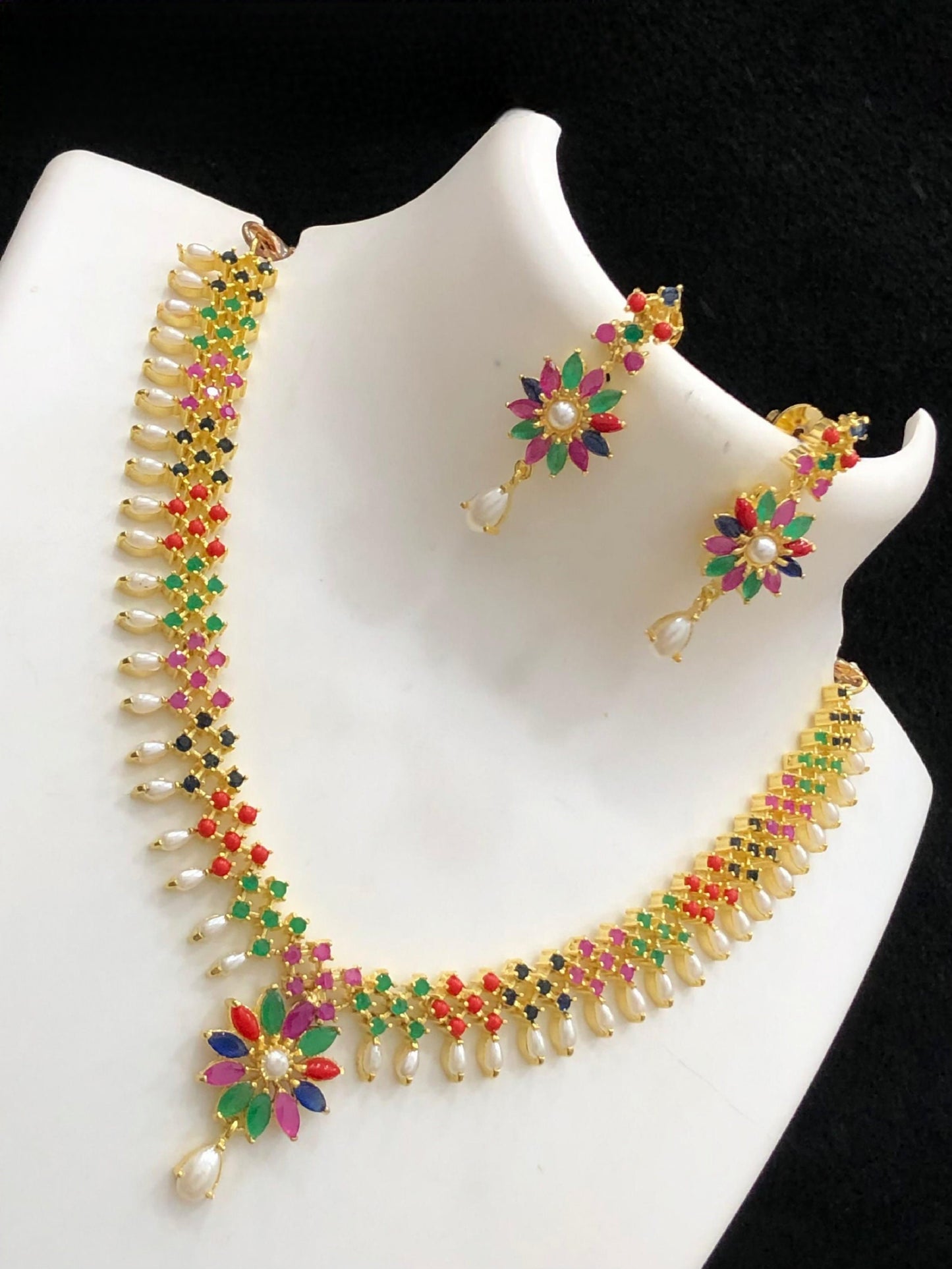 Red Coral Gold Plated American Diamond Choker necklace Earrings and Floral Pendant set, Real Pearl and Crystal choker, South Indian Jewelry