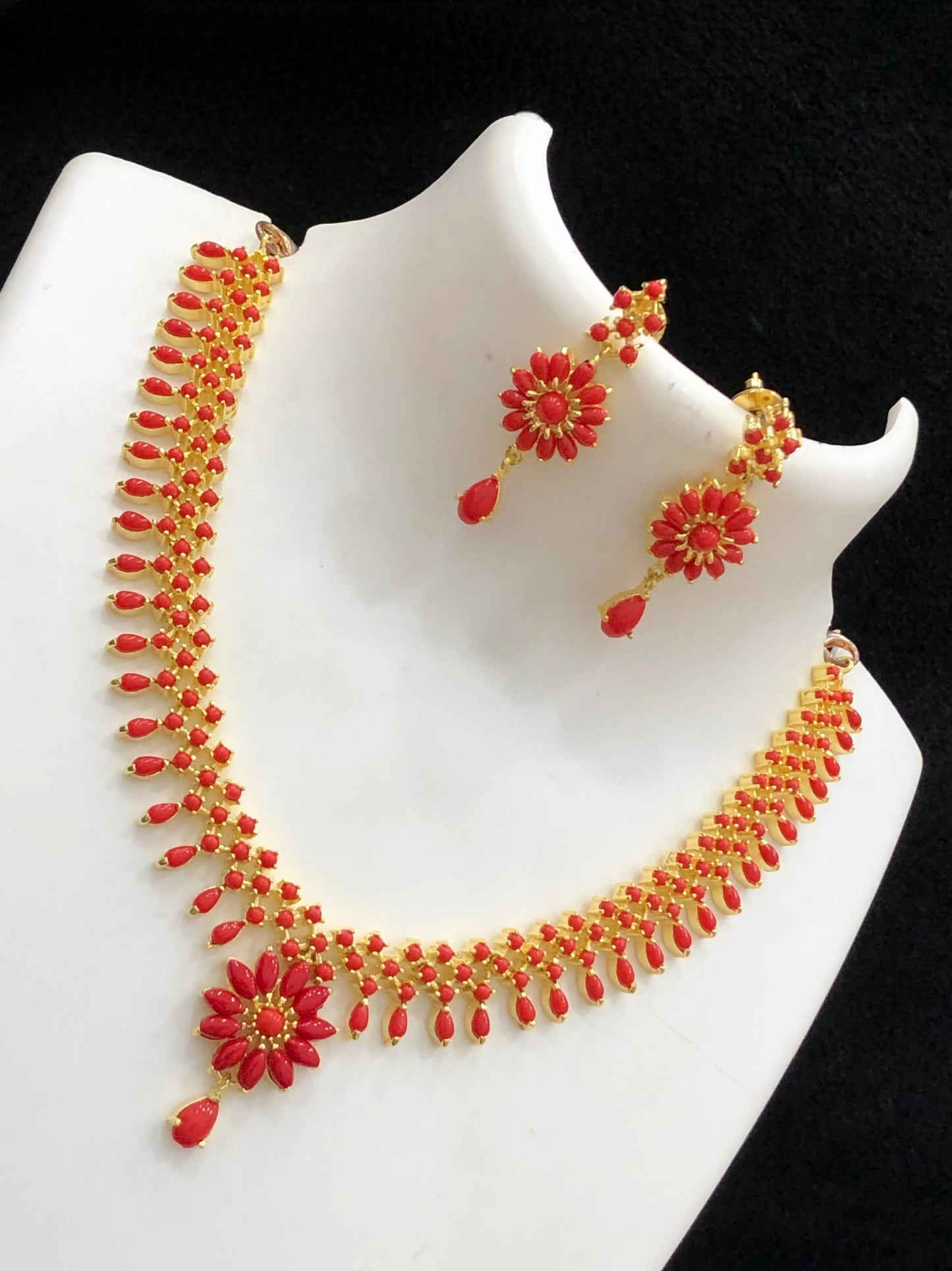 Red Coral Gold Plated American Diamond Choker necklace Earrings and Floral Pendant set, Real Pearl and Crystal choker, South Indian Jewelry