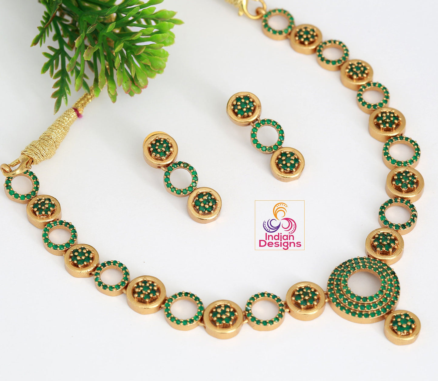 Matte Finish small South Indian choker Earring set |American Diamond Ruby Emerald stone studded Circle design necklace Jewelry |Gift for her