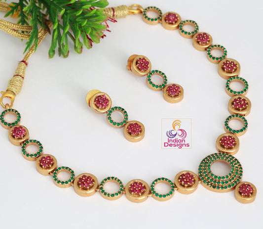 Matte Finish small South Indian choker Earring set |American Diamond Ruby Emerald stone studded Circle design necklace Jewelry |Gift for her
