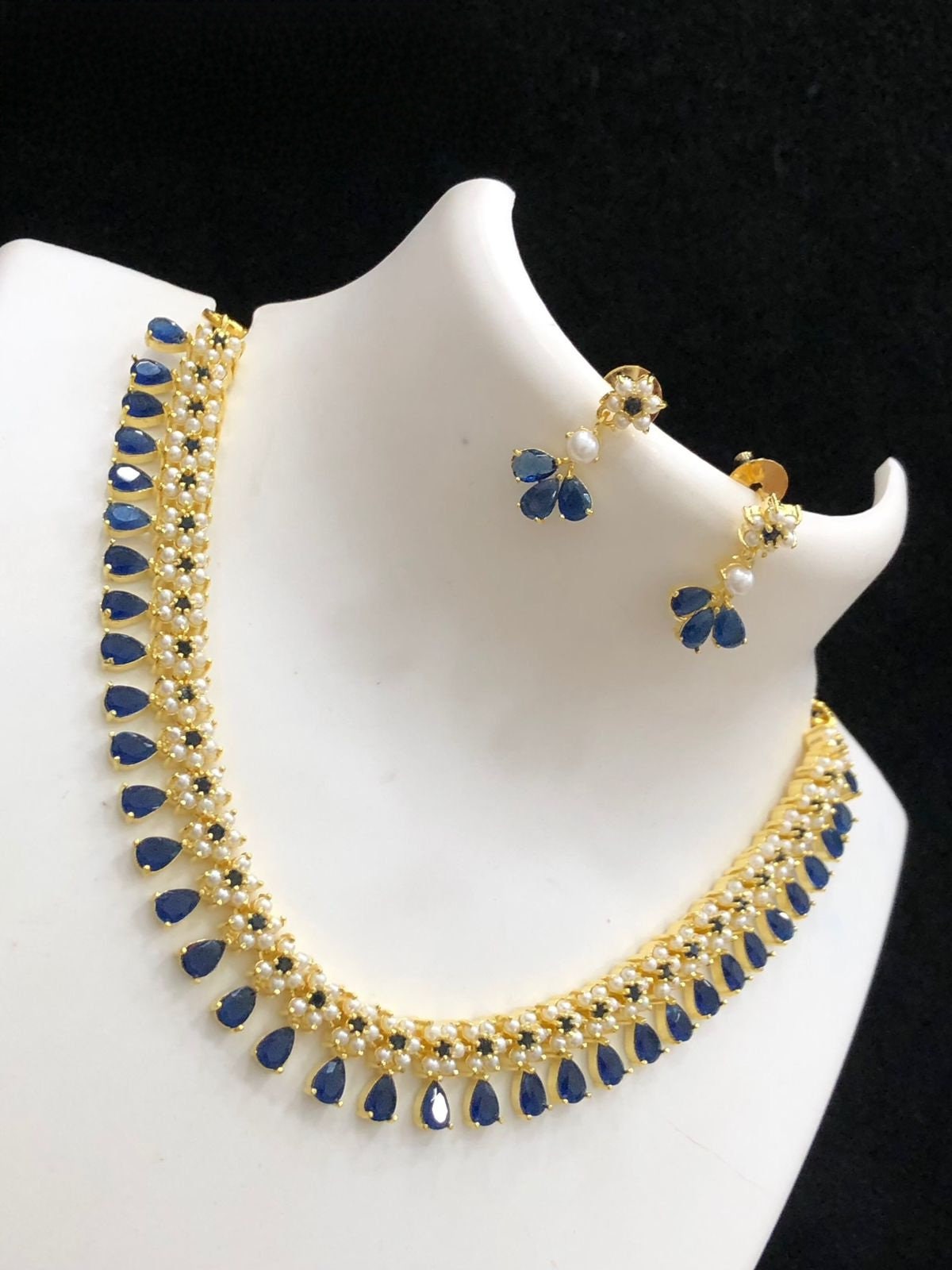 Pearl and Cz American Diamond Necklace | Indian Jewelry | Pearl and pear floral design necklace earring set