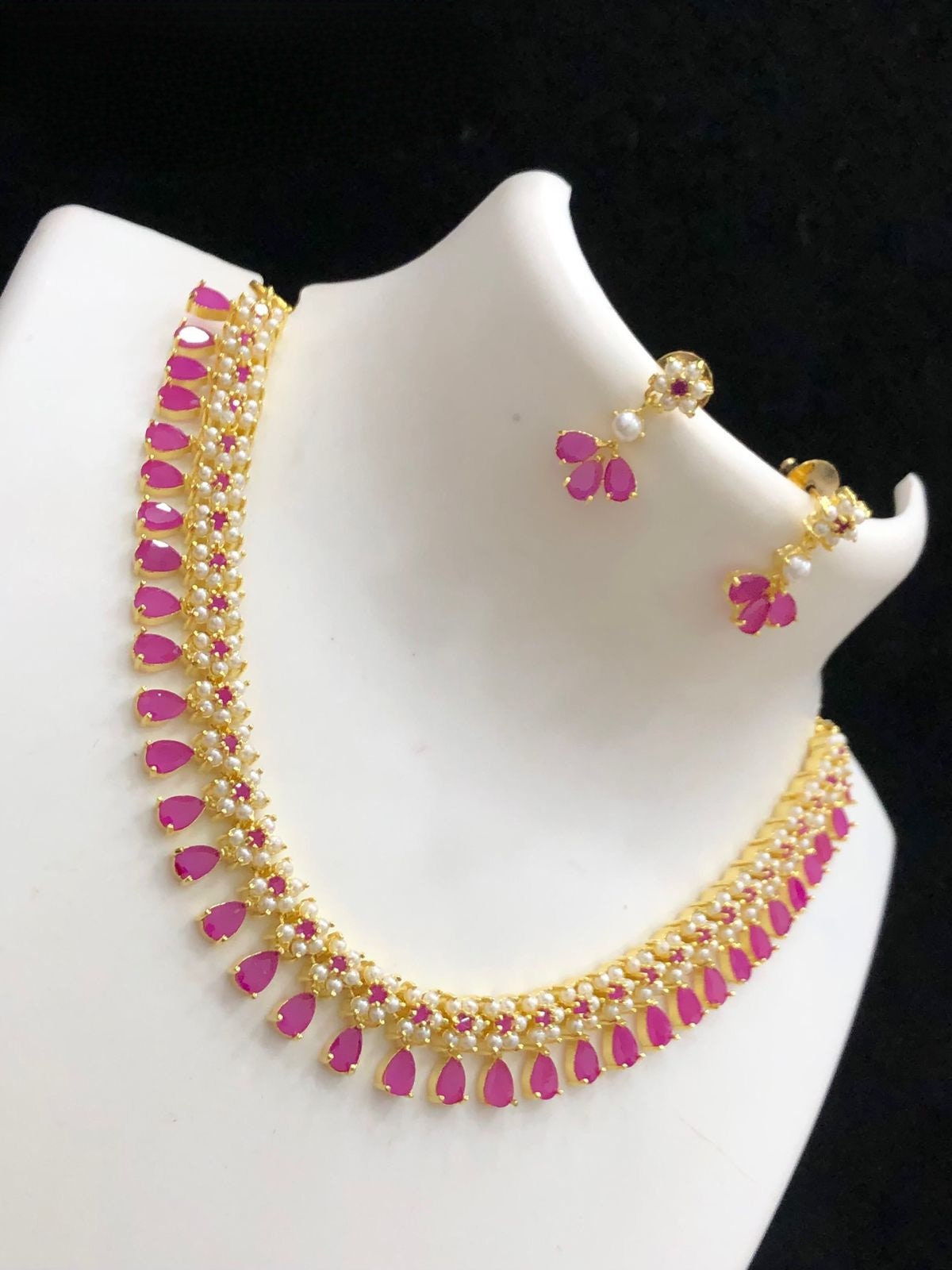 Pearl and Cz American Diamond Necklace | Indian Jewelry | Pearl and pear floral design necklace earring set