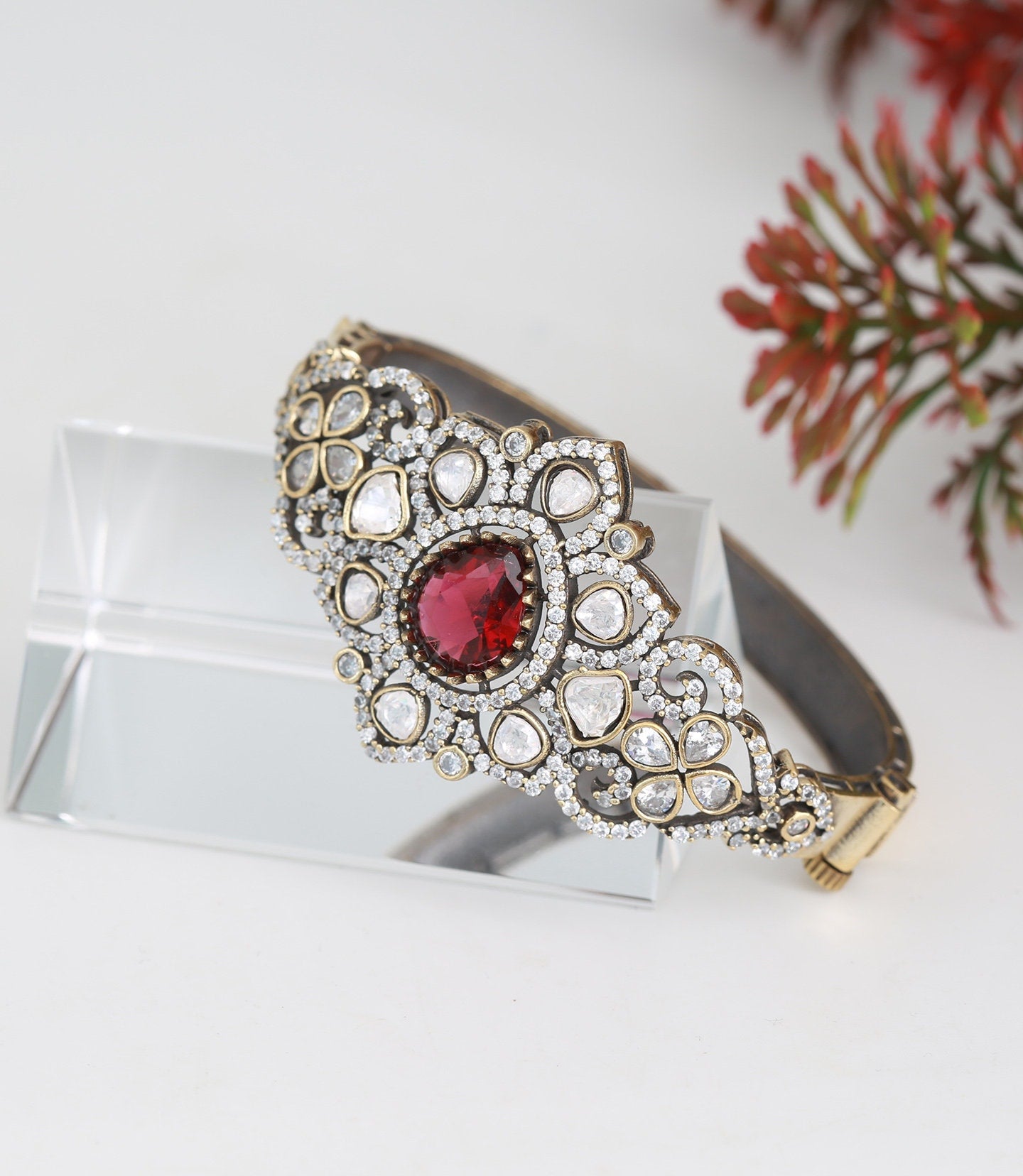 Antique Victorian-Polish Openable Green Crystal Kada Bracelet|Antique Gold Plated Bollywood statement Bangle bracelet| Jewelry Gift for her