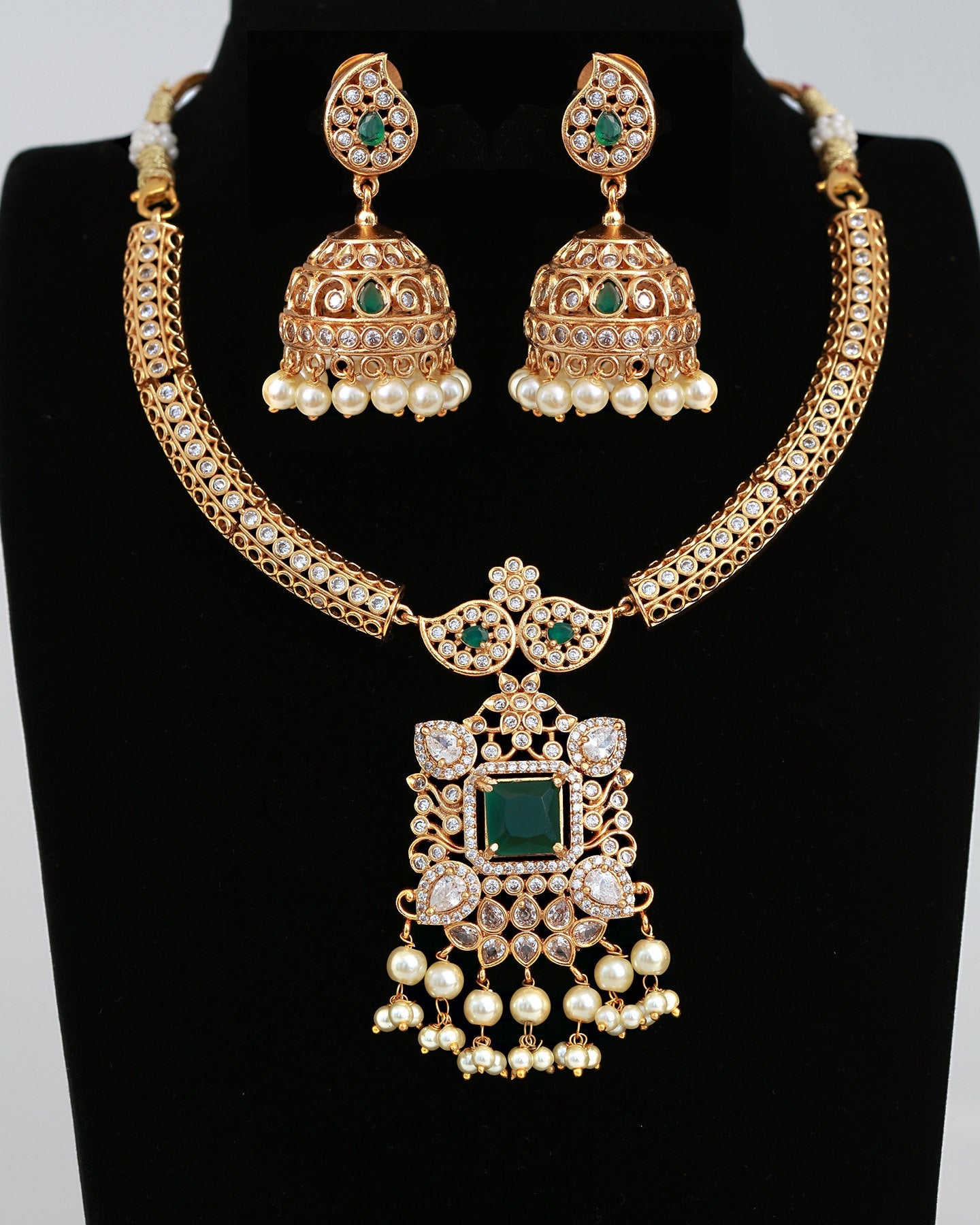 raditional Indian Bridal Necklace and Earrings Set with Emerald Accents and Pearl Embellishments | Indian Jewelry Bollywood | Gift for her