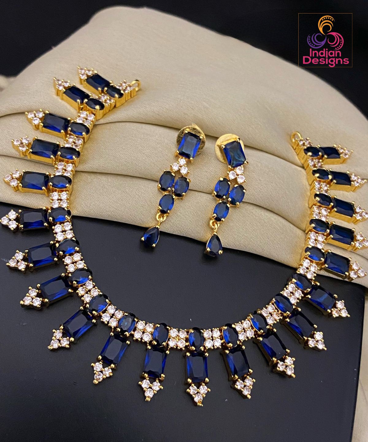 Gold plated Cz American Diamond ruby, Emerald and Blue Sapphire stones necklace earrings Indian Jewelry | AD stones Simple gold choker set