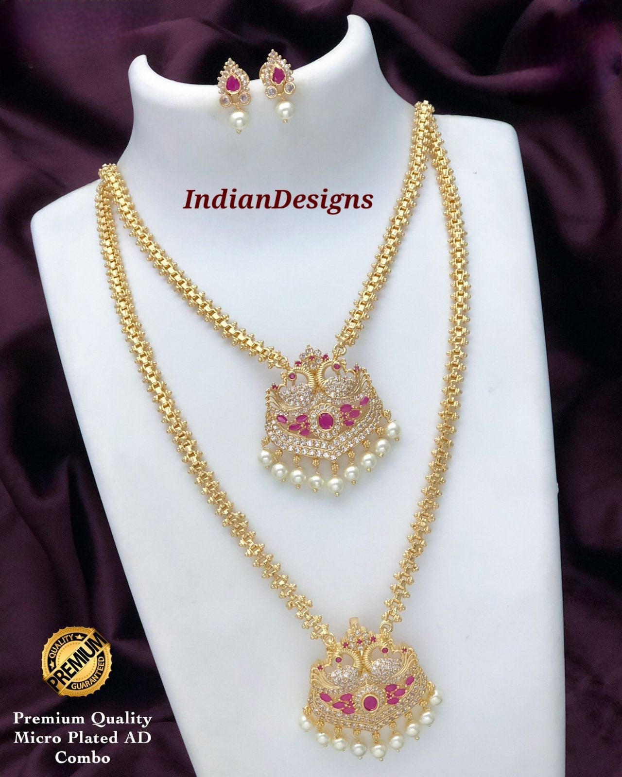 Gold Plated American Diamond CZ Long and short necklace combo, South Indian Wedding Jewelry set, Bollywood fashion Jewelry, Gift for Her