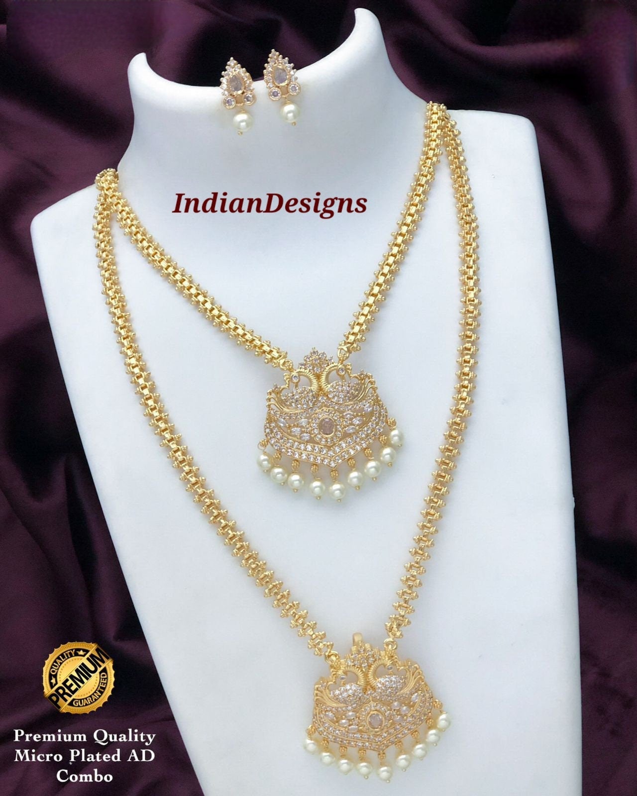 Gold Plated American Diamond CZ Long and short necklace combo, South Indian Wedding Jewelry set, Bollywood fashion Jewelry, Gift for Her