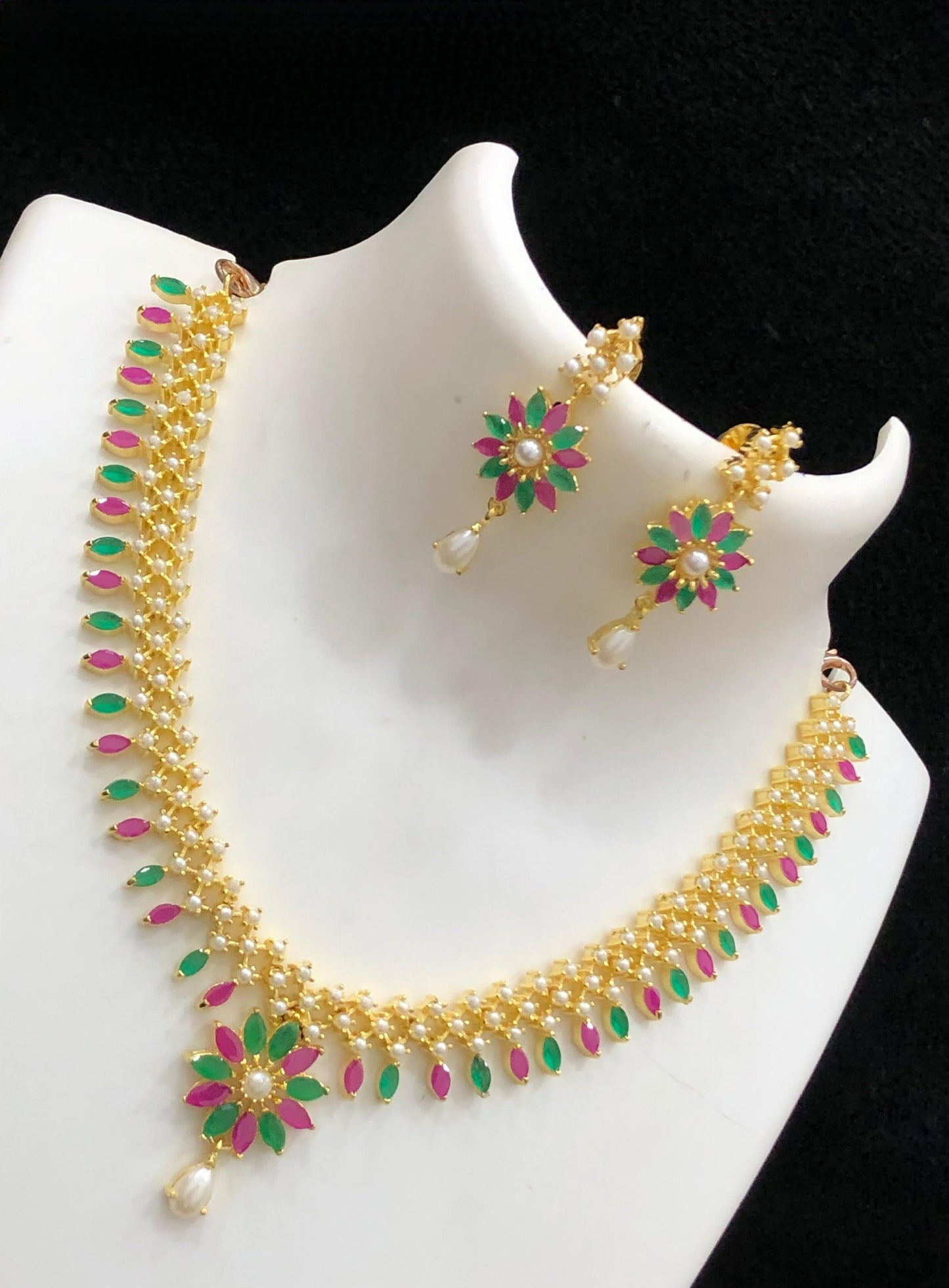 Red Coral Gold Plated American Diamond Choker necklace Earrings and Floral Pendant set, Real Pearl and Crystal choker, South Indian Jewelry