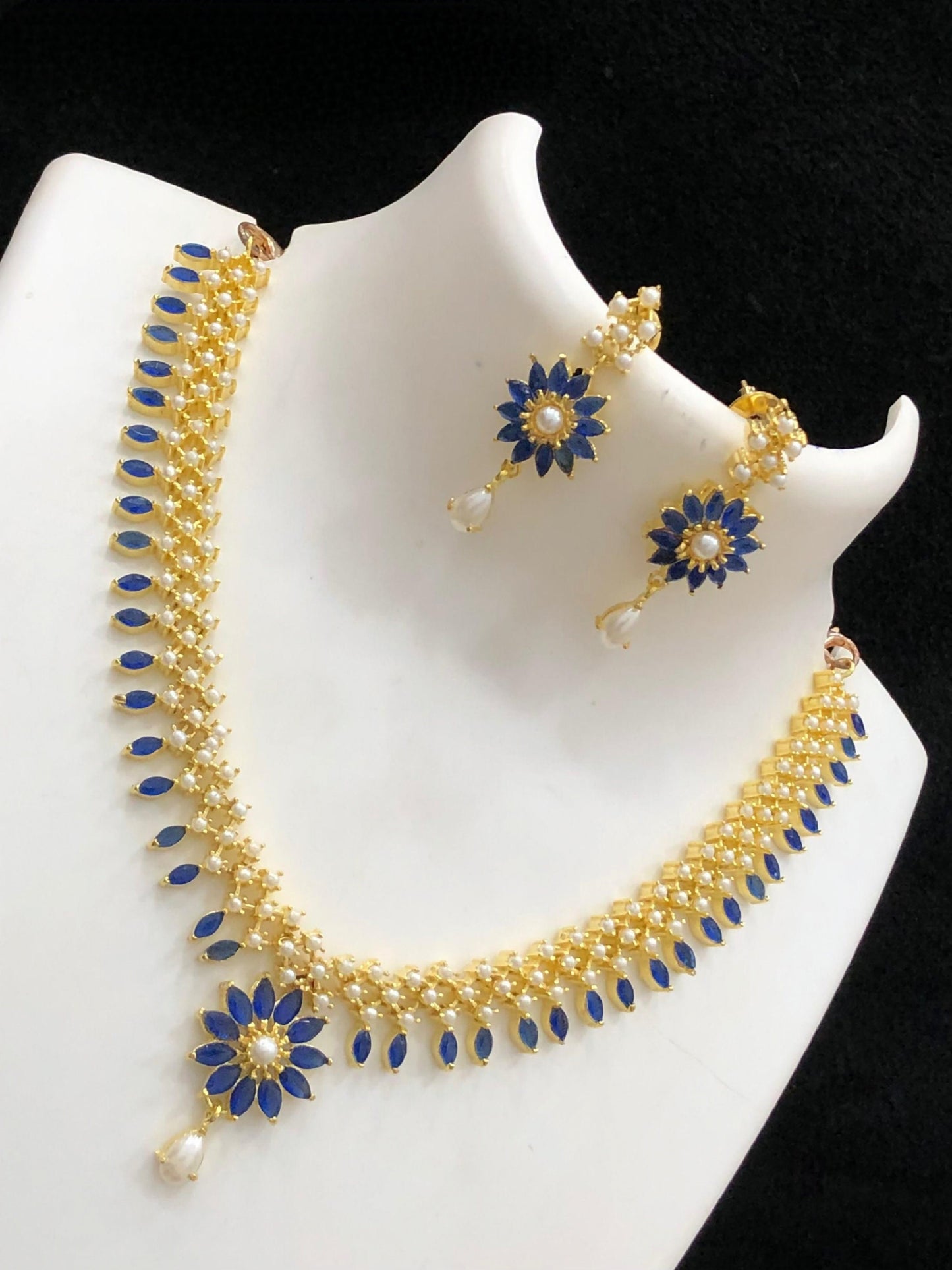 Red Coral Gold Plated American Diamond Choker necklace Earrings and Floral Pendant set, Real Pearl and Crystal choker, South Indian Jewelry