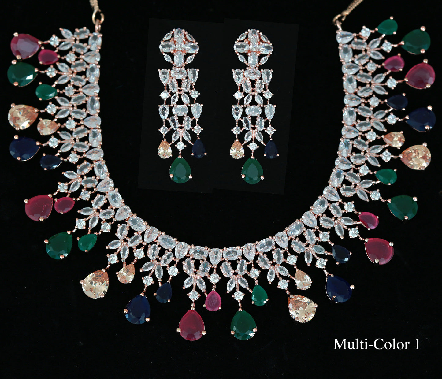 Rose Gold American Diamond Indian Jewelry Set with Mint Teardrop Earrings for Bridal & Partywear|Statement Necklace|Bollywood style jewelry