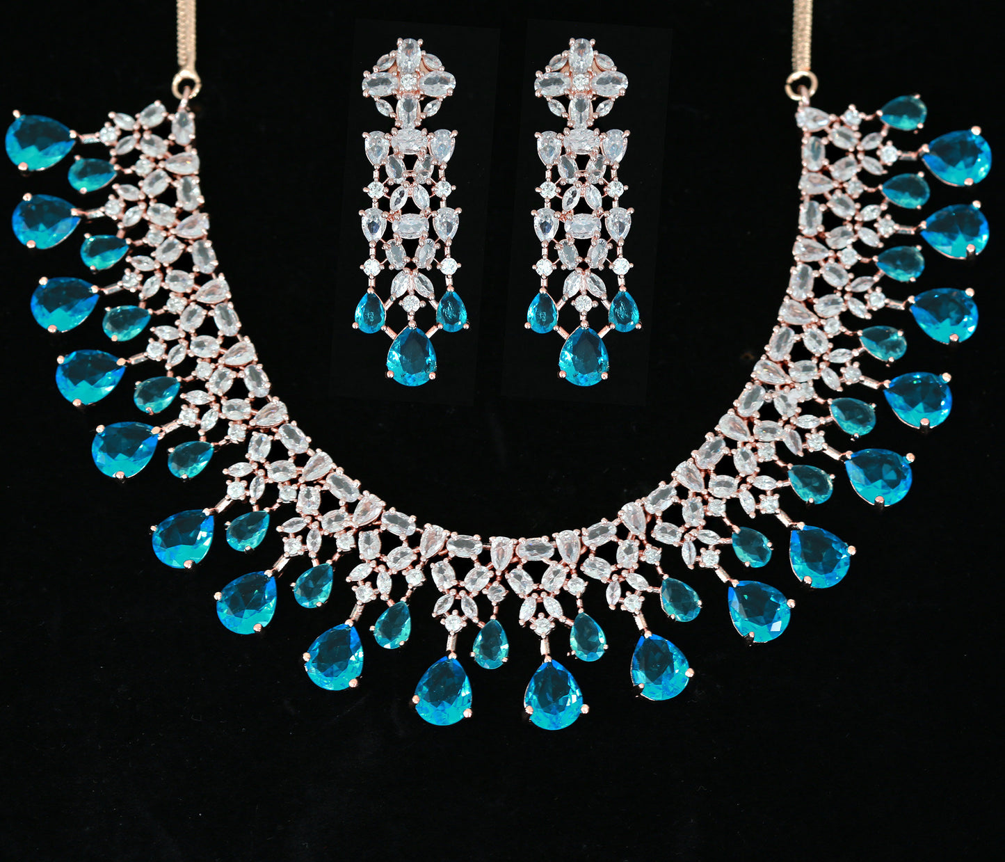 Rose Gold American Diamond Indian Jewelry Set with Mint Teardrop Earrings for Bridal & Partywear|Statement Necklace|Bollywood style jewelry