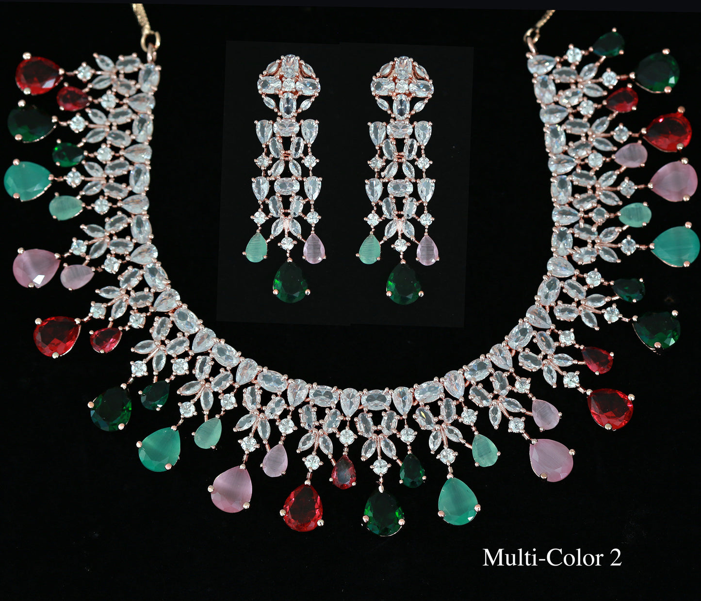 Rose Gold American Diamond Indian Jewelry Set with Mint Teardrop Earrings for Bridal & Partywear|Statement Necklace|Bollywood style jewelry