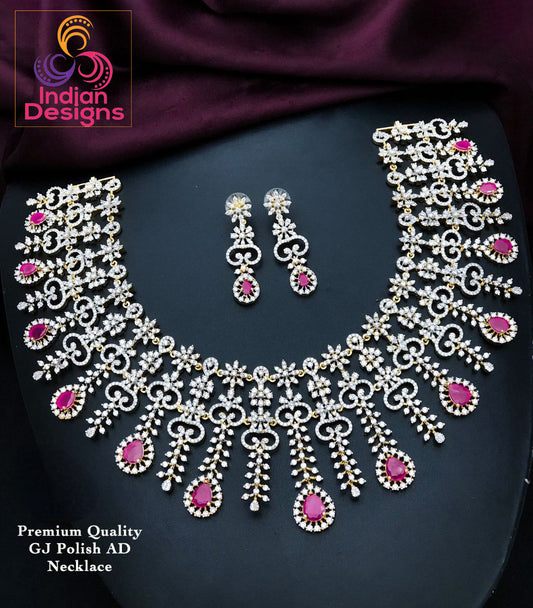 American Diamond Bridal Wedding Choker Necklace and Earring Set with Ruby Emerald stones|Statement Necklace|Indian Bollywood Style Necklace