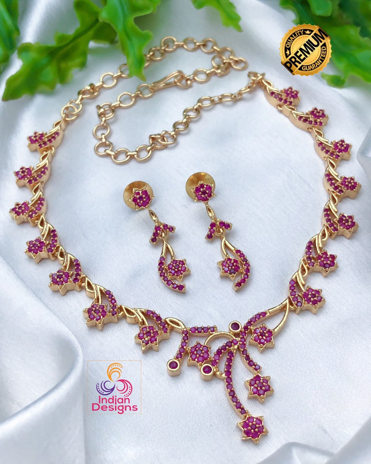 22k Gold Plated American Diamond Necklace with Green and Pink stones|Indian jewelry sets|Ruby & Emerald necklace Floral designs|Gift for her