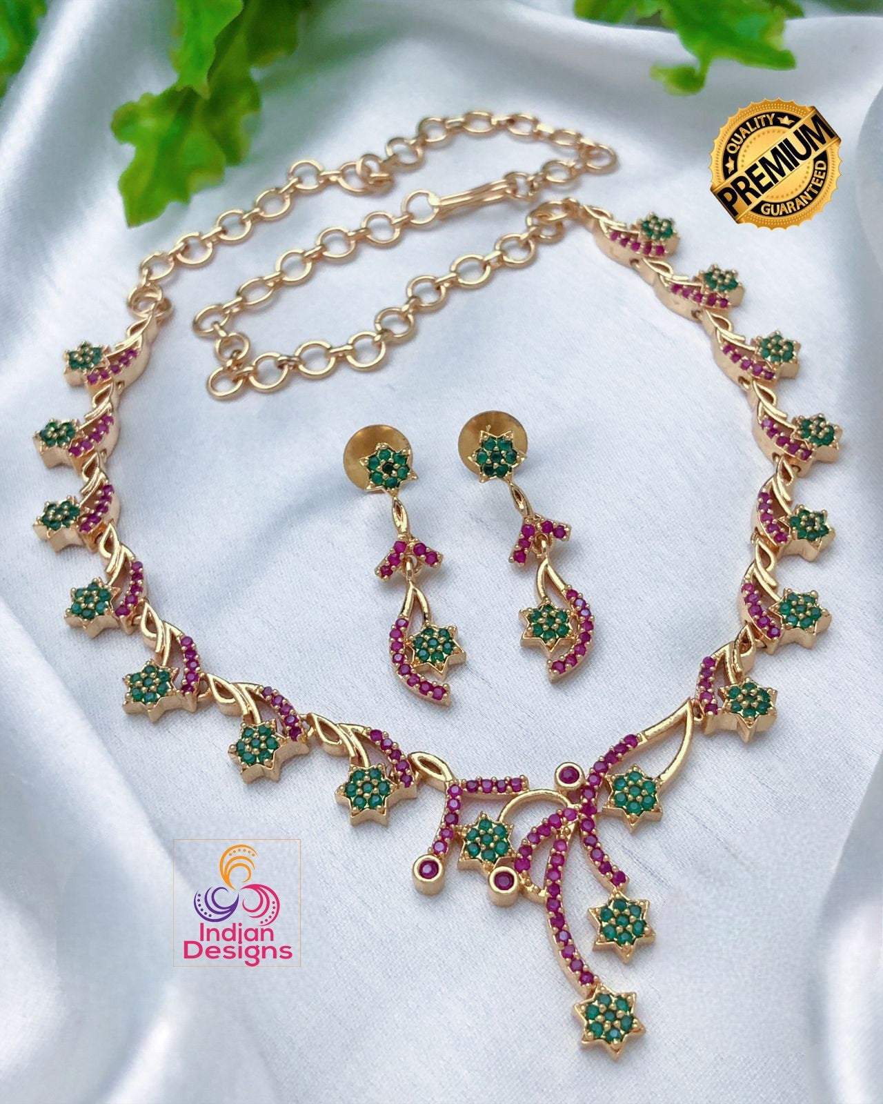 22k Gold Plated American Diamond Necklace with Green and Pink stones|Indian jewelry sets|Ruby & Emerald necklace Floral designs|Gift for her