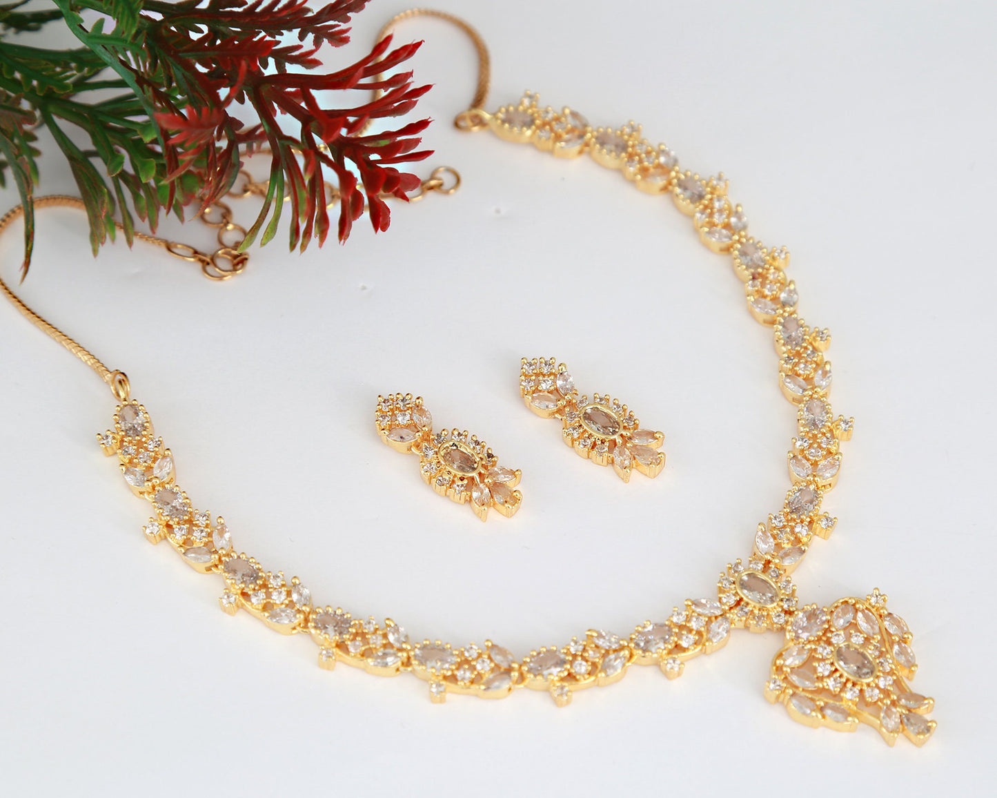 American Diamond necklace Earrings |Gold Plated emerald necklace Floral pattern |Beautiful Ruby necklace Floral design |Clear stone necklace