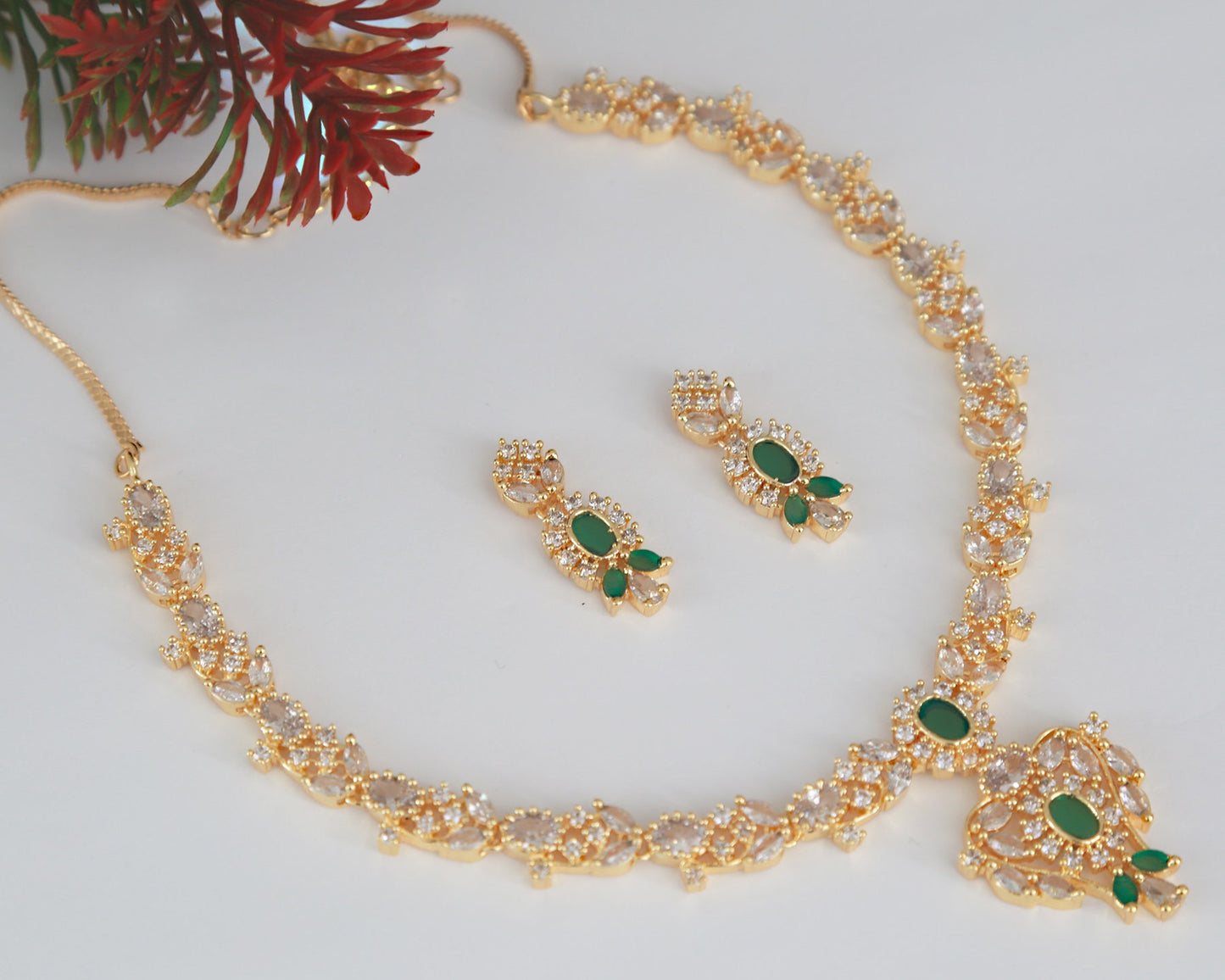 American Diamond necklace Earrings |Gold Plated emerald necklace Floral pattern |Beautiful Ruby necklace Floral design |Clear stone necklace