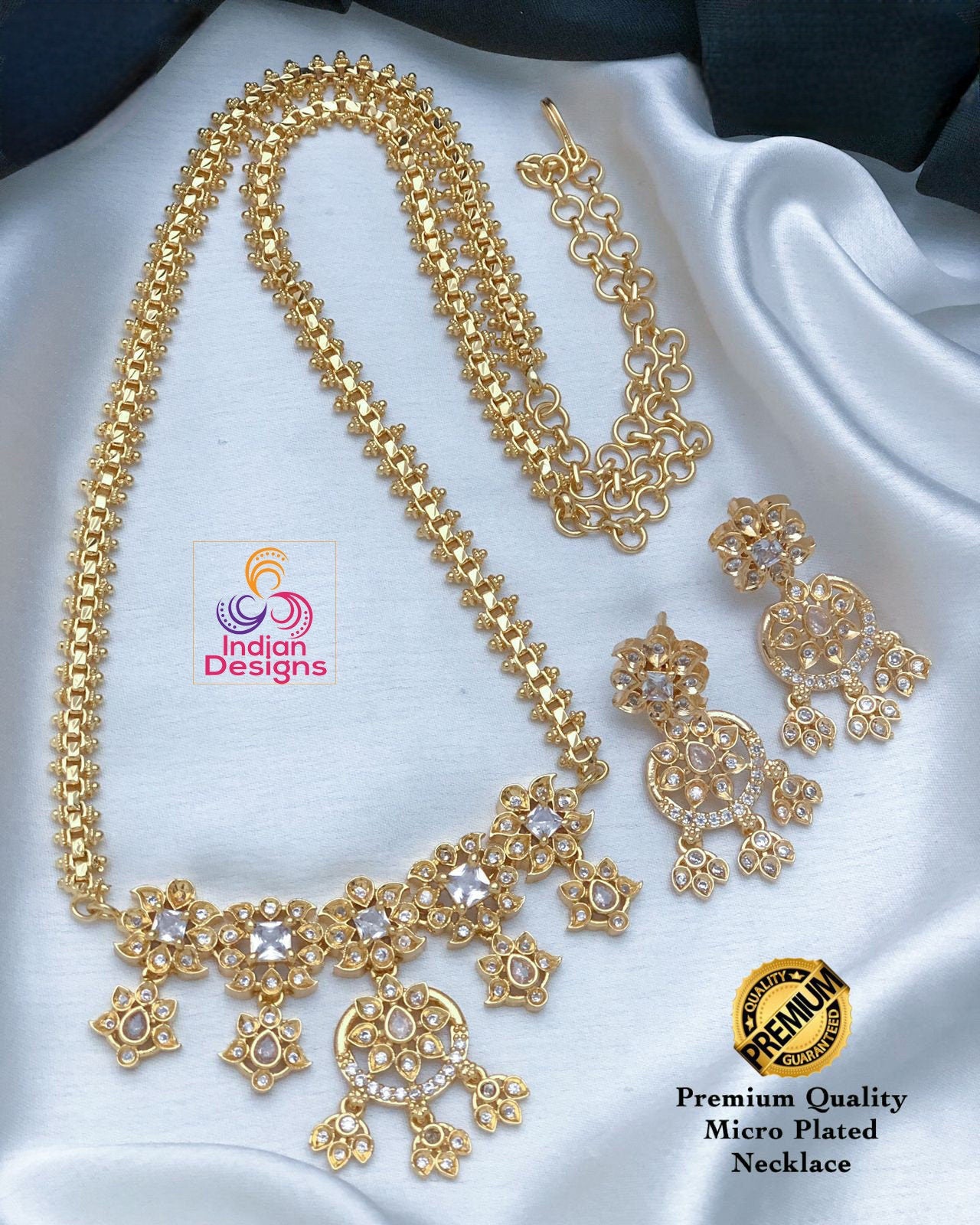 22K Gold Plated Haram necklace and earring set with floral design|Traditional South Indian Jewelry|Bollywood Style CZ American Diamond Set