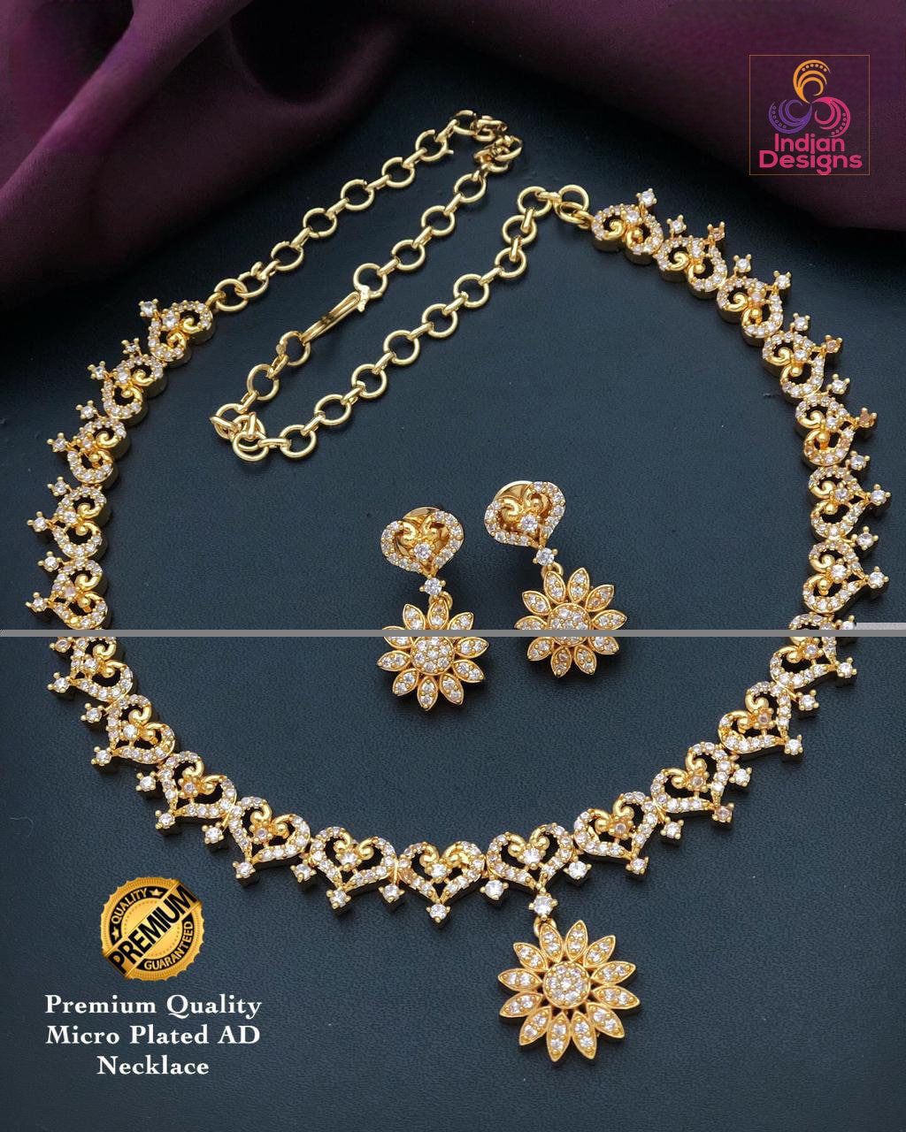 American Diamond Necklace-22k Gold polish | Emerald Ruby CZ Diamond choker | Indian jewelry sets | Ruby and Emerald necklace Floral designs