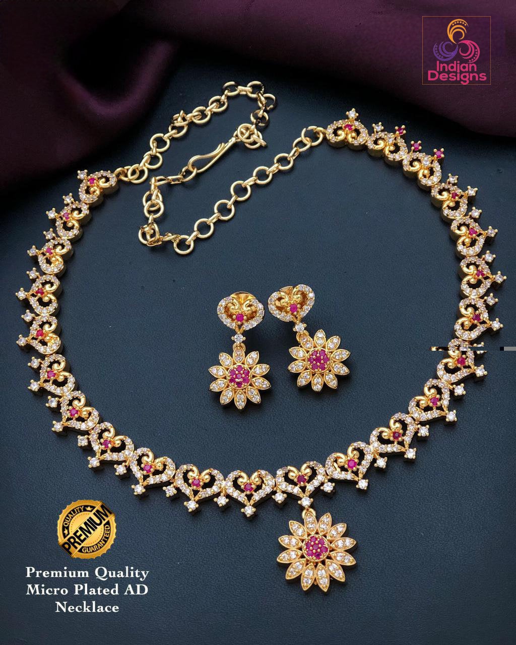 American Diamond Necklace-22k Gold polish | Emerald Ruby CZ Diamond choker | Indian jewelry sets | Ruby and Emerald necklace Floral designs