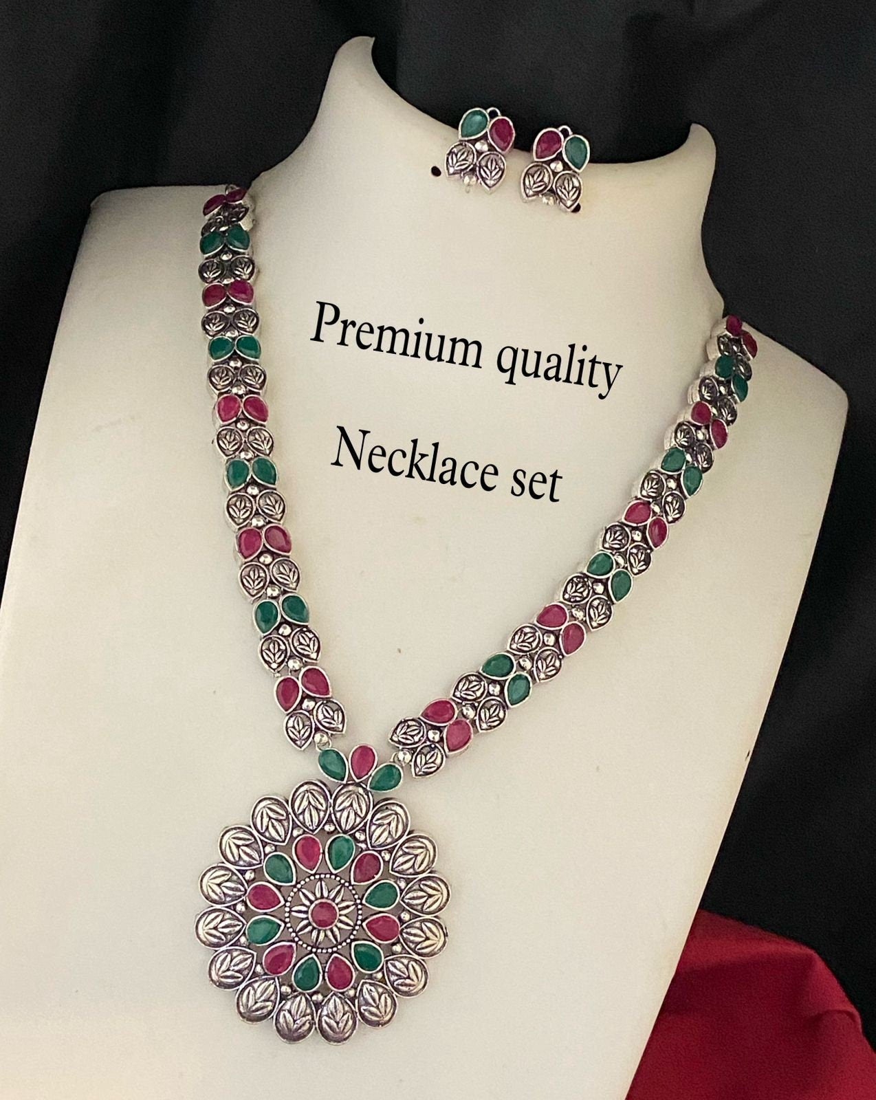 Oxidized German Silver Indian jewelry necklace|Bohemian Set with Ruby & Emerald |Wedding Jewelry |Party Wear Jewelry Set|Unique Gift for Her