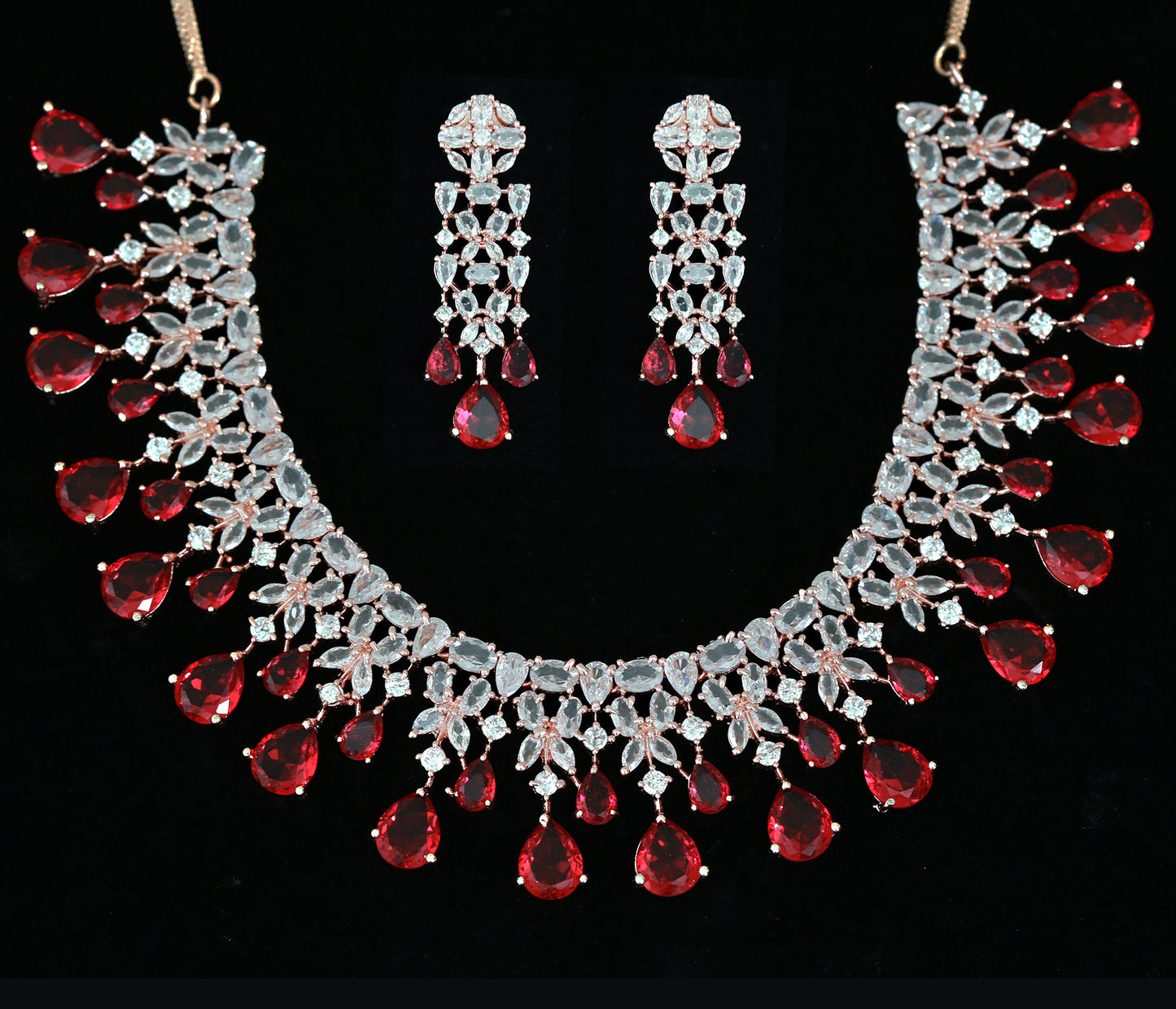 Rose Gold American Diamond Indian Jewelry Set with Mint Teardrop Earrings for Bridal & Partywear|Statement Necklace|Bollywood style jewelry