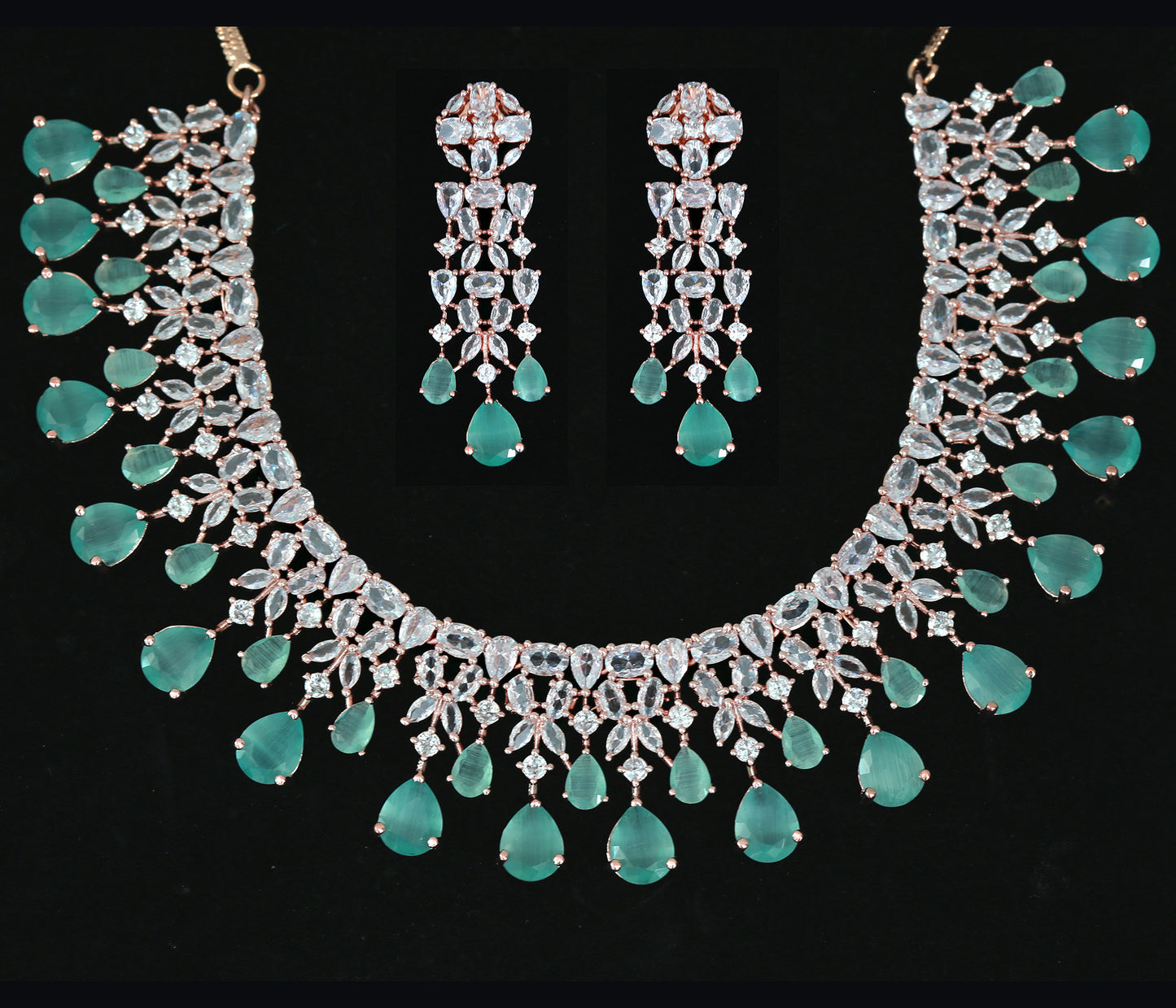 Rose Gold American Diamond Indian Jewelry Set with Mint Teardrop Earrings for Bridal & Partywear|Statement Necklace|Bollywood style jewelry