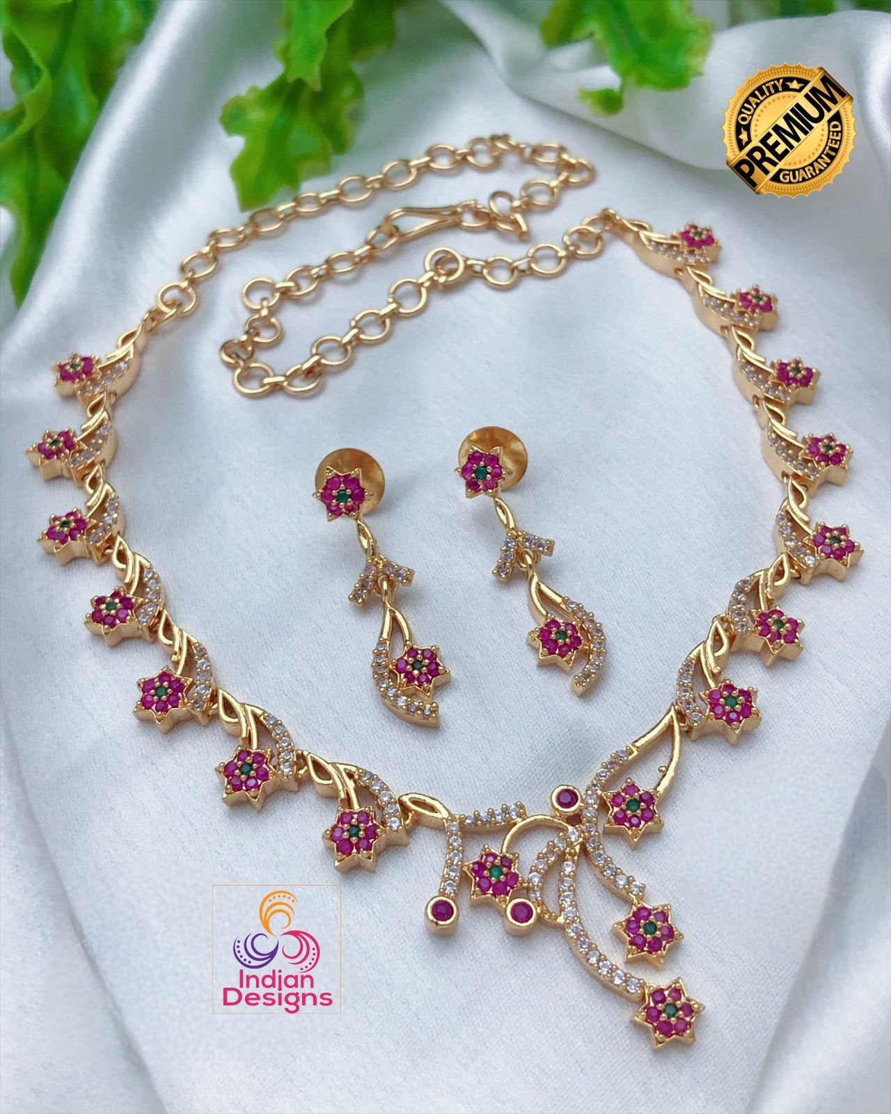 22k Gold Plated American Diamond Necklace with Green and Pink stones|Indian jewelry sets|Ruby & Emerald necklace Floral designs|Gift for her