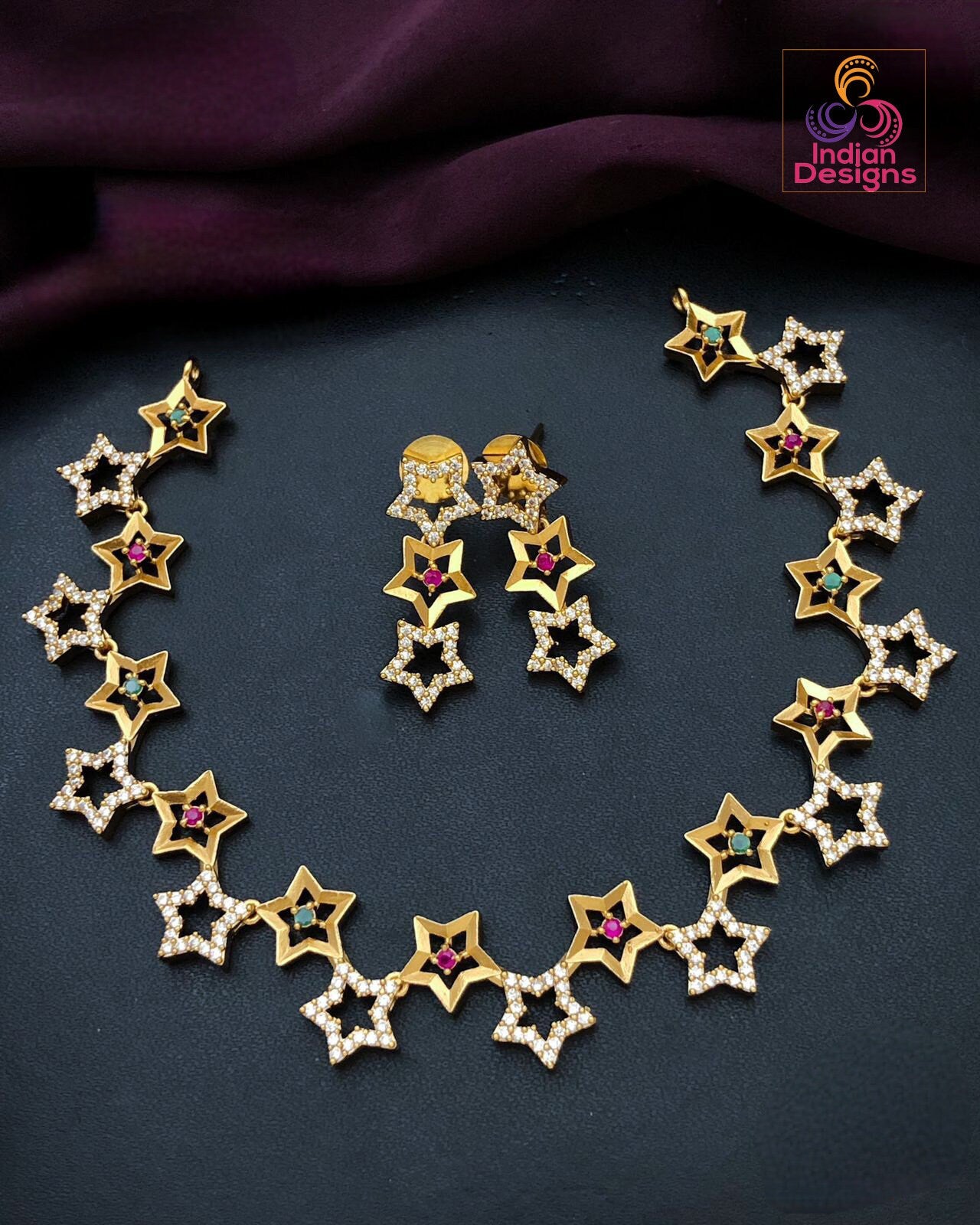 Ruby-Encrusted Matte Gold Star Choker Necklace with Earrings Set | Matte Finish Simple Choker Set | Gift for her
