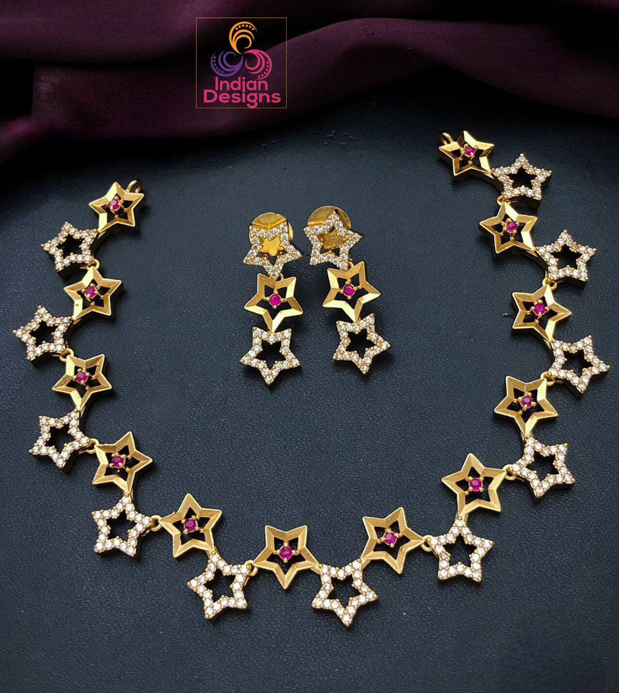 Ruby-Encrusted Matte Gold Star Choker Necklace with Earrings Set | Matte Finish Simple Choker Set | Gift for her