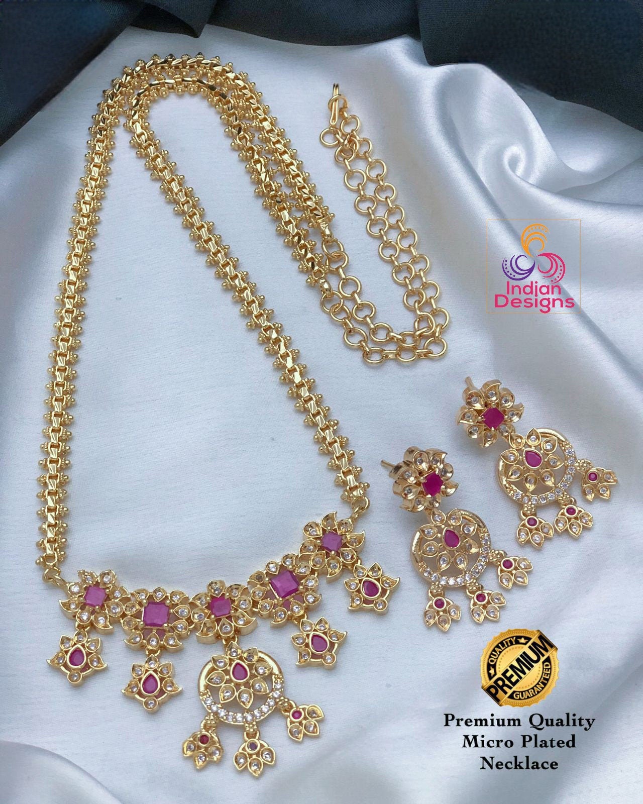 22K Gold Plated Haram necklace and earring set with floral design|Traditional South Indian Jewelry|Bollywood Style CZ American Diamond Set