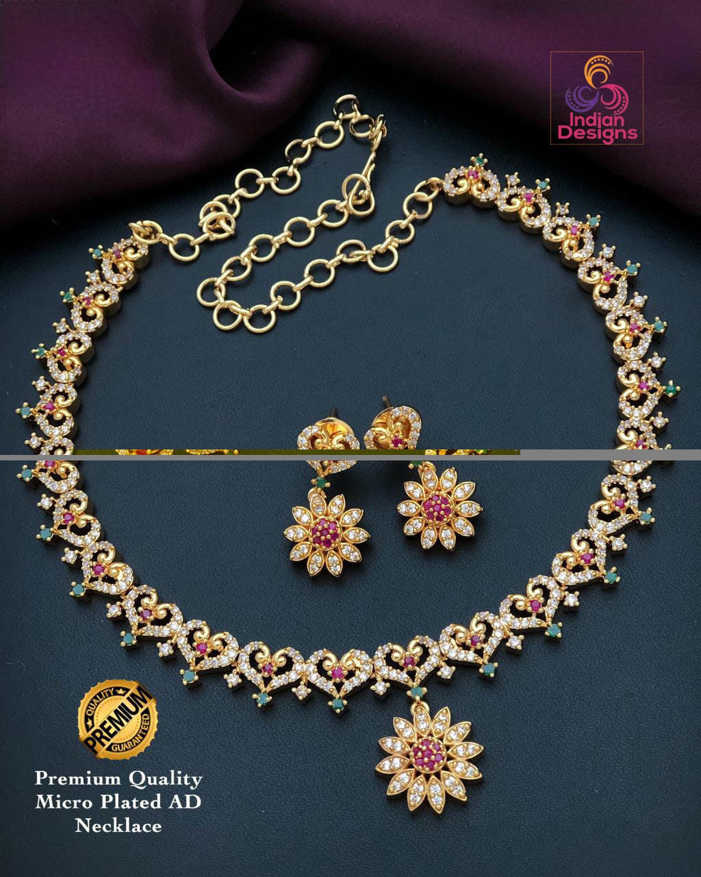 American Diamond Necklace-22k Gold polish | Emerald Ruby CZ Diamond choker | Indian jewelry sets | Ruby and Emerald necklace Floral designs