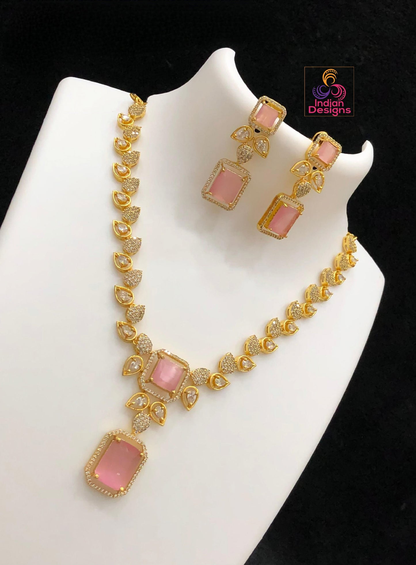 Gold Plated Necklace and Earrings Set with American Diamond Mint Green - Luxurious Teardrop and Square Gemstone Jewelry Set| Gift For Her