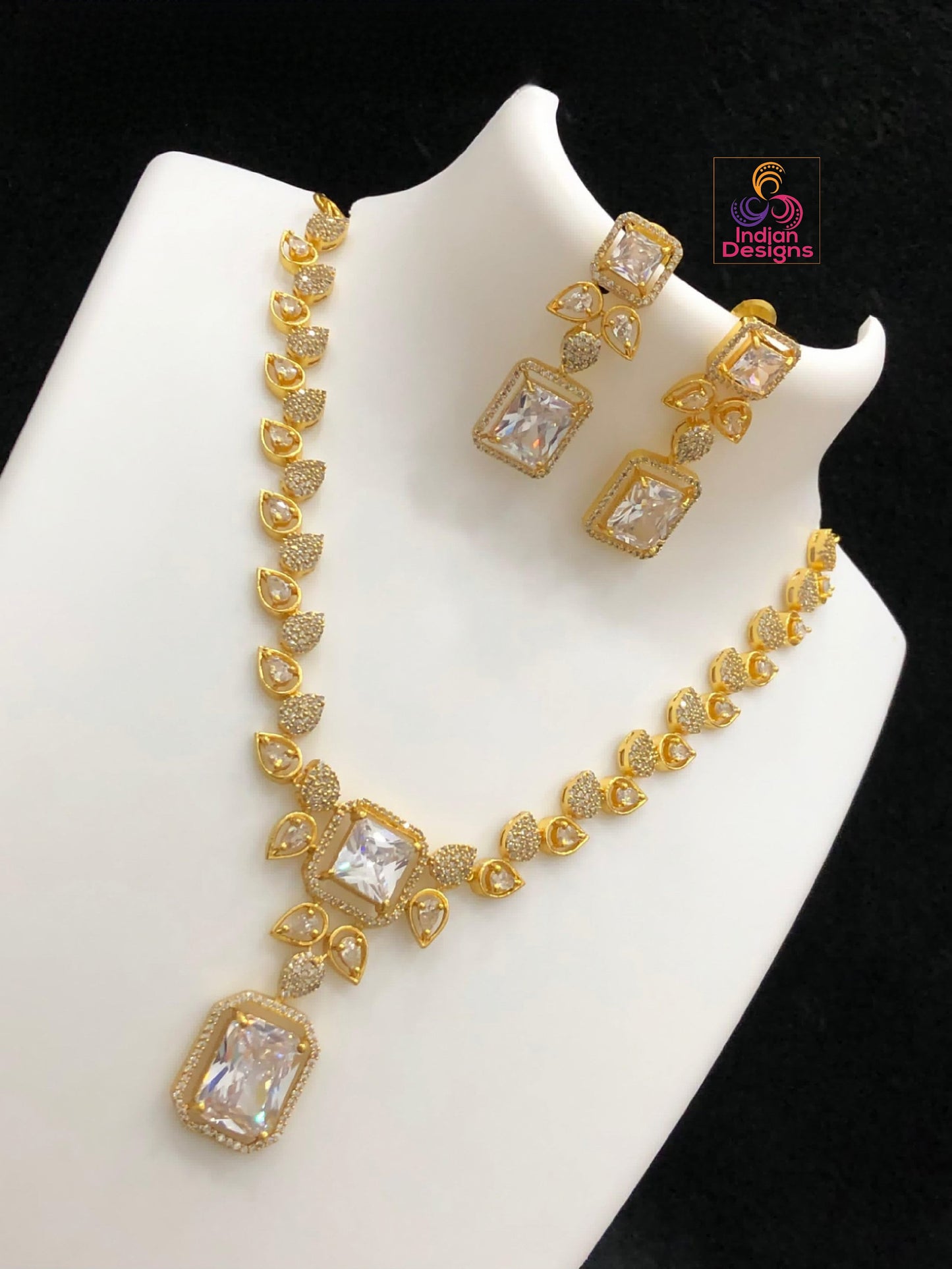 Gold Plated Necklace and Earrings Set with American Diamond Mint Green - Luxurious Teardrop and Square Gemstone Jewelry Set| Gift For Her