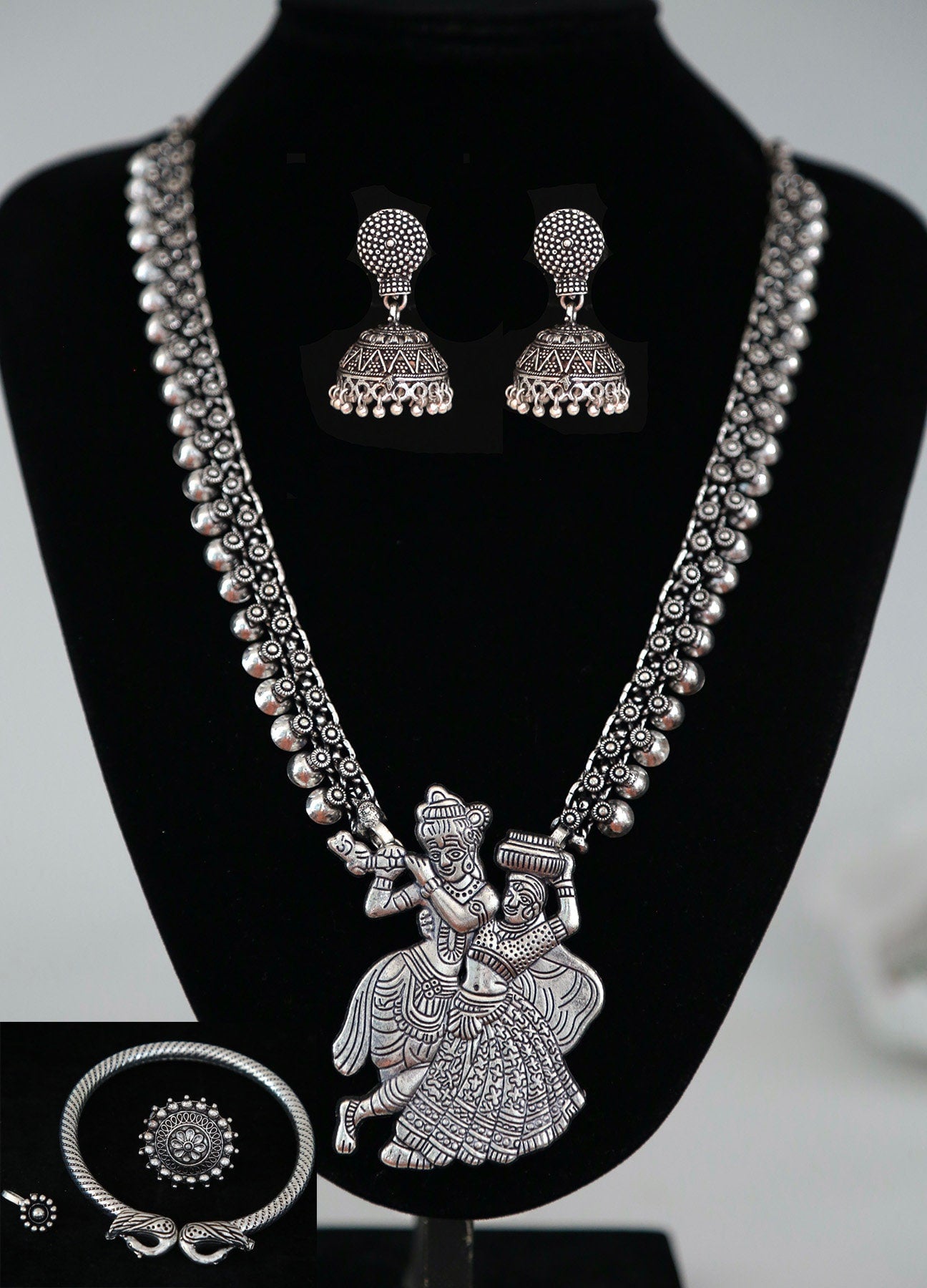 Traditional Oxidized Silver Jewelry Set with Radha Krishna Pendant, Jhumka Earrings,Bracelet,Ring and Nose clip|Indian Ethnic Temple Jewelry