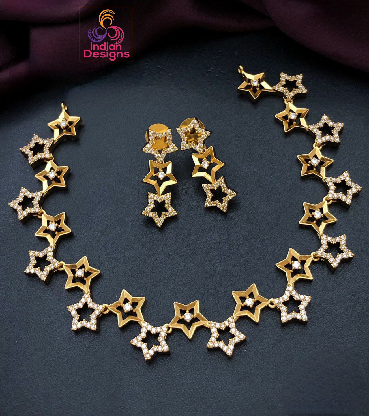 Ruby-Encrusted Matte Gold Star Choker Necklace with Earrings Set | Matte Finish Simple Choker Set | Gift for her