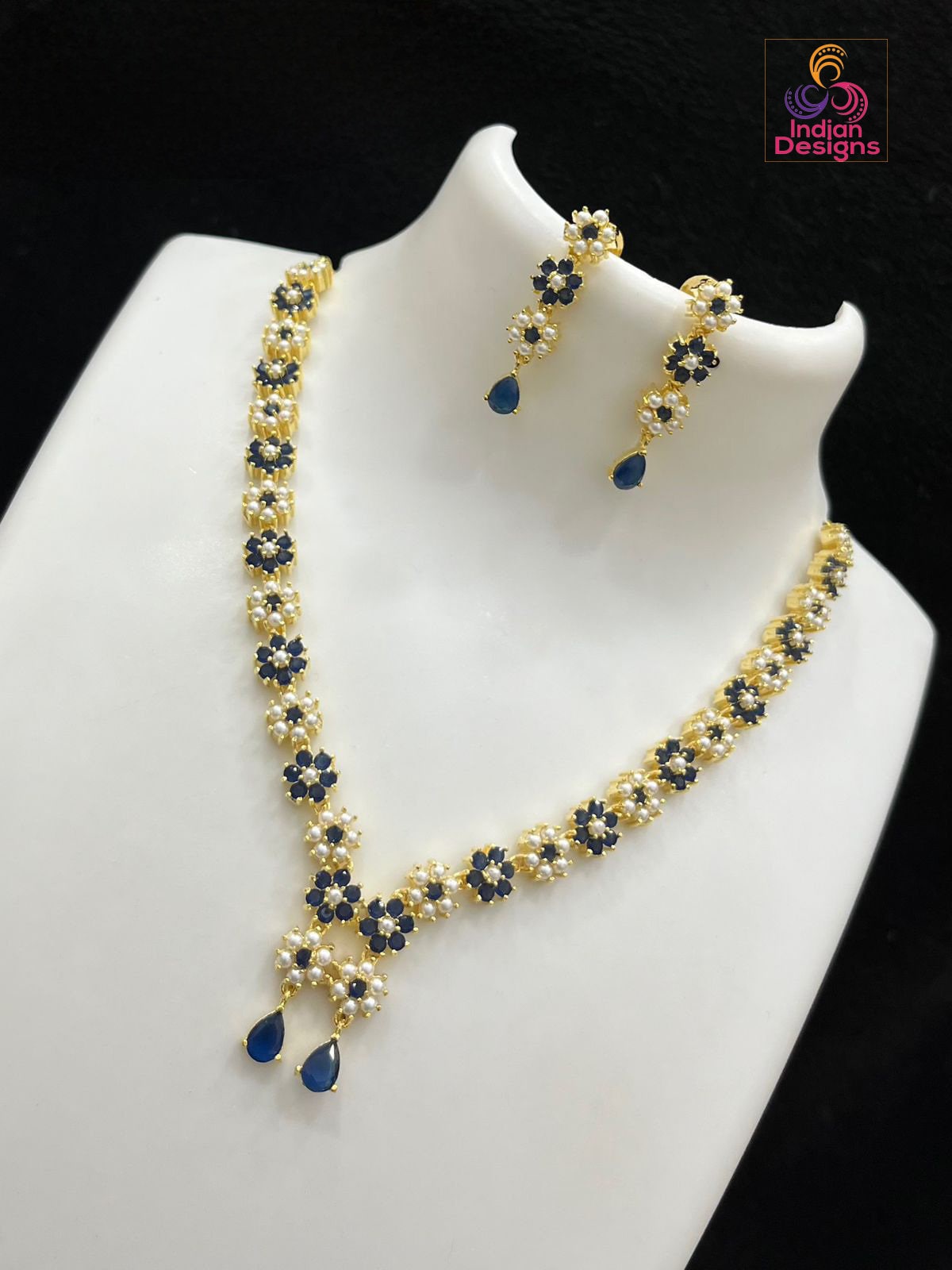 Elegant American Diamond Multicolor Gemstone Necklace Set with Earrings