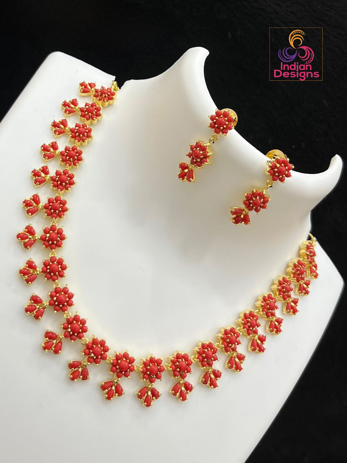 Gold Plated Exclusive Pearls,Red coral and American Diamond Floral motif Necklace Earring set|Indian Jewelry|Statement jewelry|Gift for her
