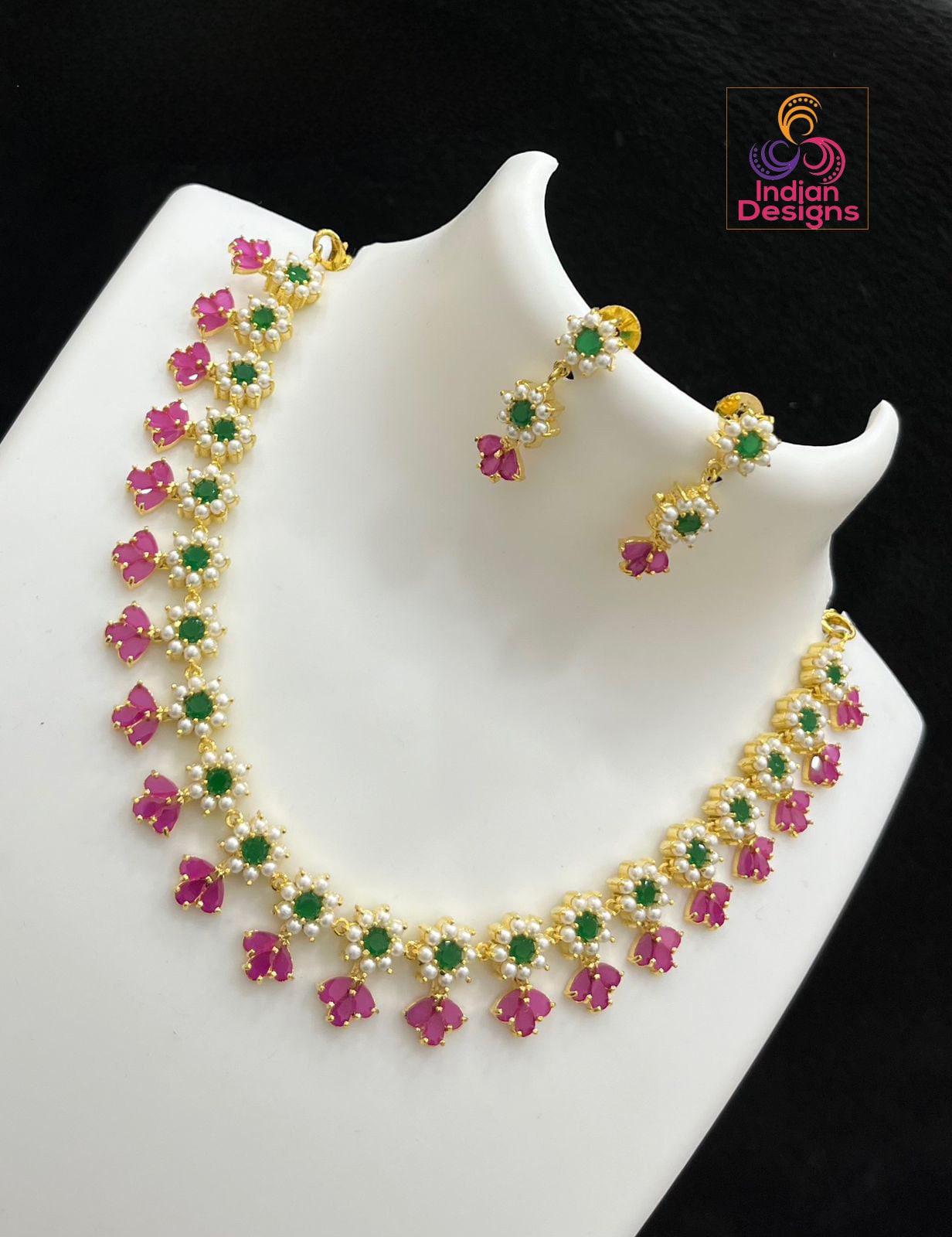 Gold Plated Exclusive Pearls,Red coral and American Diamond Floral motif Necklace Earring set|Indian Jewelry|Statement jewelry|Gift for her