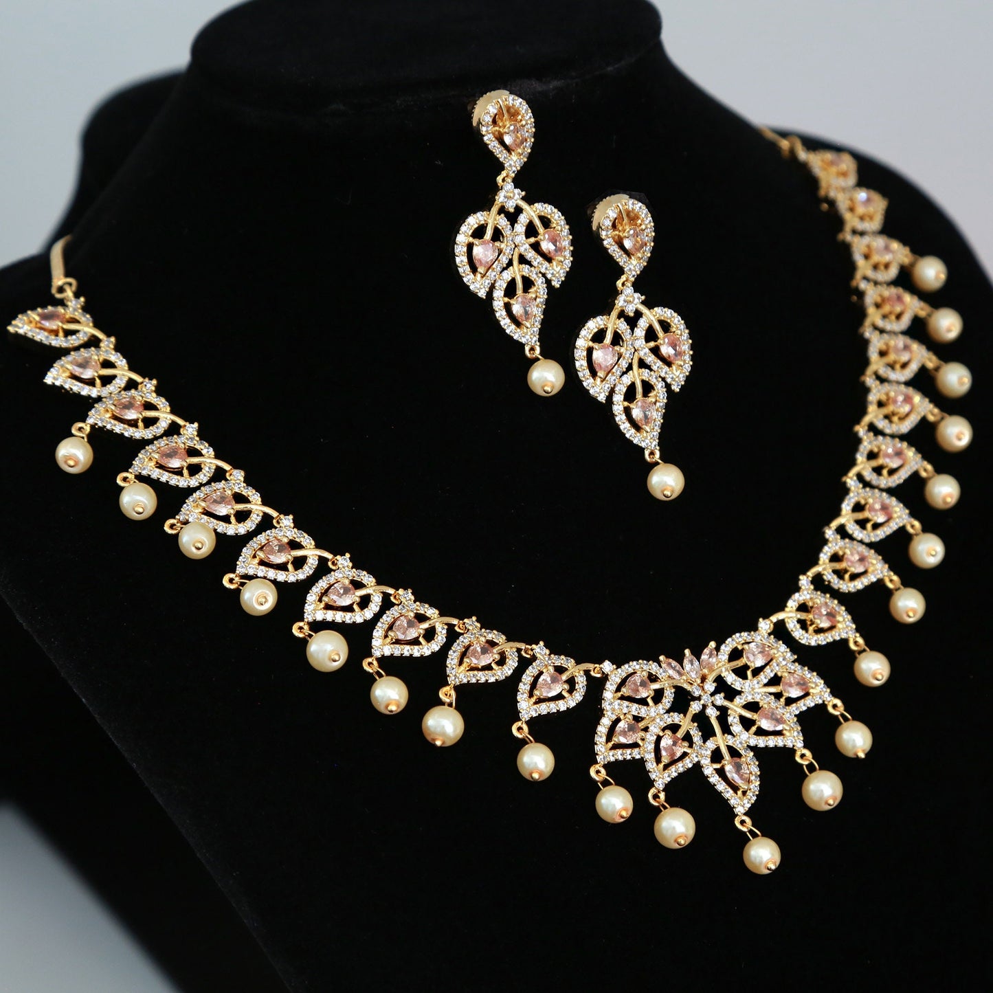 Gold-Plated American Diamond Necklace and Earrings Set with Ruby Accents and Pearls| CZ Diamond Topaz/Blue Sapphire Necklace| Gift for her